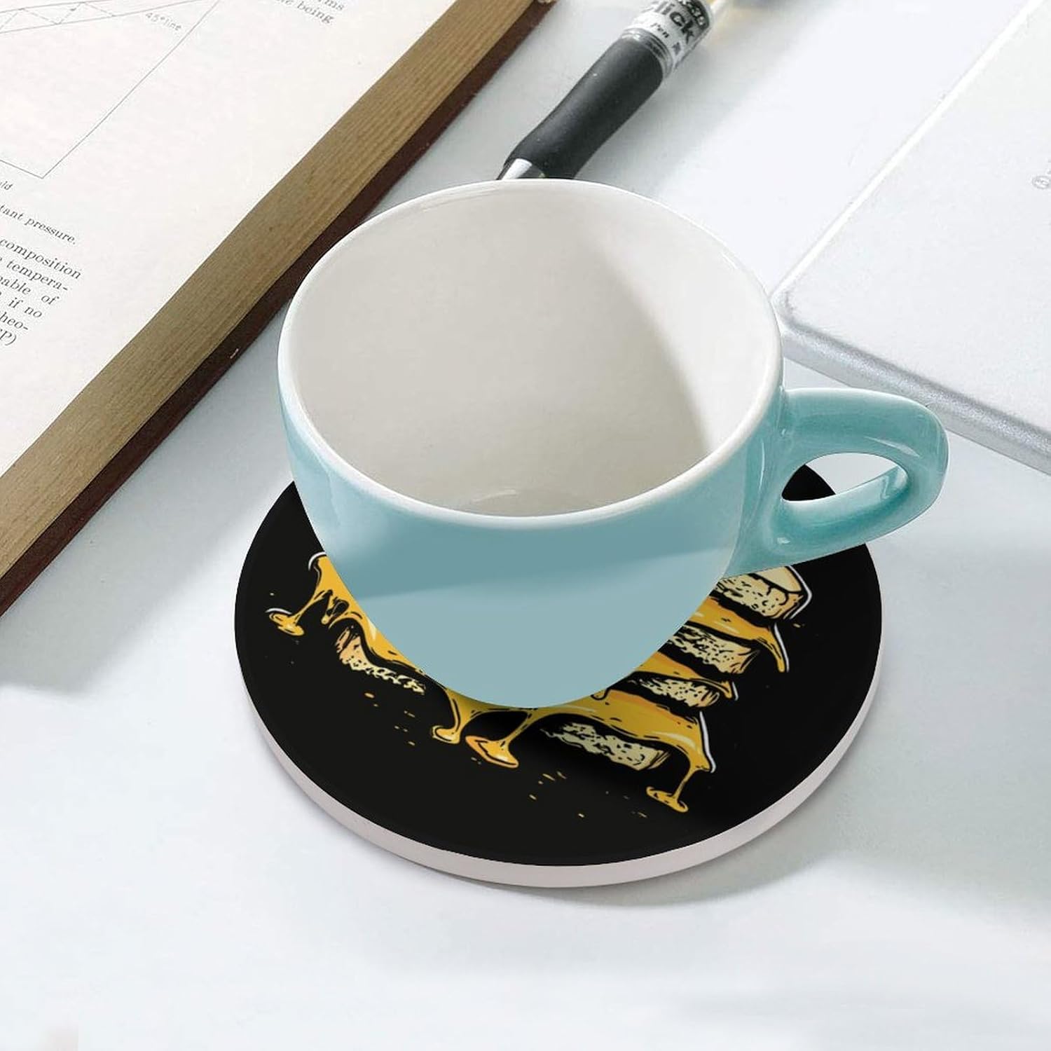 Grilled Cheese Sandwich Round Ceramic Coasters for Drinks Absorbent Cup Holder Tabletop Protector with Cork Base