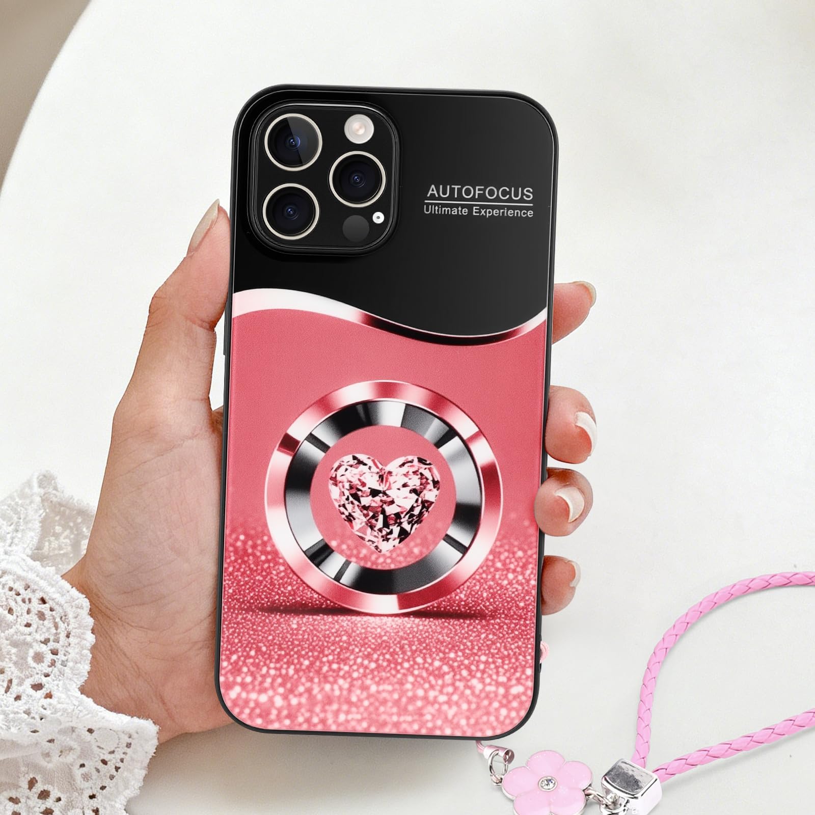 Compatible with iPhone 11 Pro Magnetic Mobile Phone case, Exquisite Cute Plating Love Heart Bracelet Phone Case(Pink)