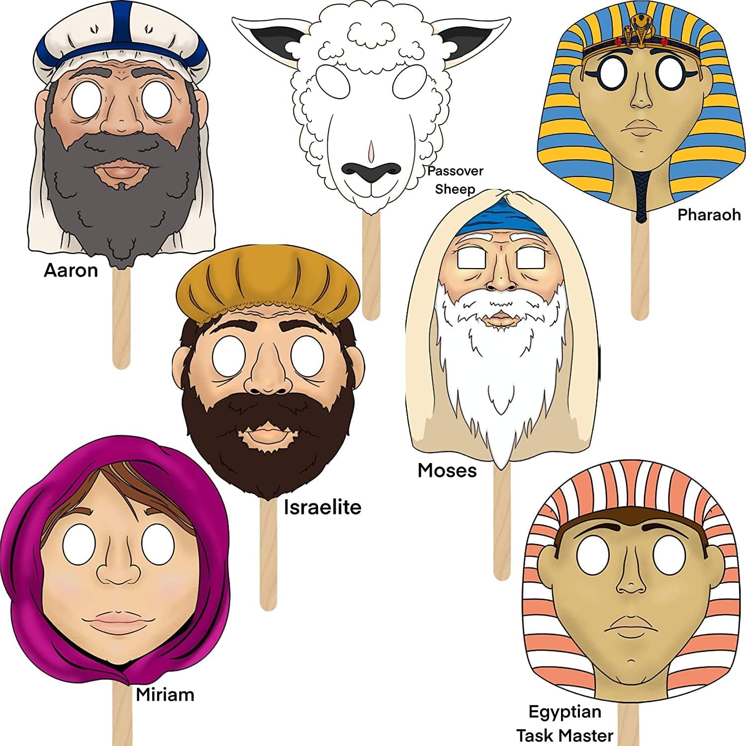 The Dreidel Company 2 Sets Passover Character Masks, Laminated Pesach Stick Puppets for Seder, 7 Masks Per Set