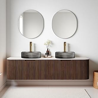 60" Floating Bathroom Vanity with Double Sink, Modern Storage Cabinet with Round Transparent Black Glass Basins and Marble Top, 2 Large Soft Closing Drawer, Pre-Assembled, Dark Walnut