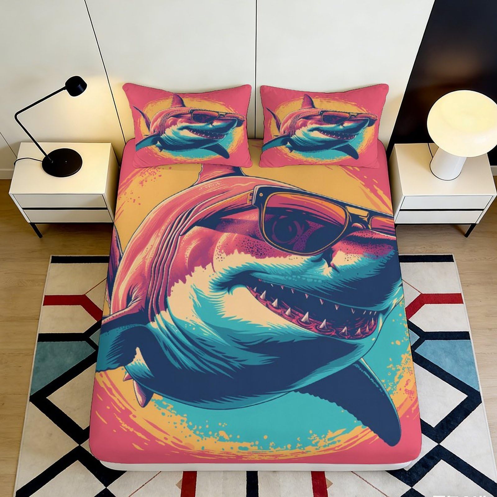 3D Printed Cool Shark Pattern Fitted Sheet Microfiber Soft Breathable Sunglasses Shark Bed Cover for Bedroom Dormitory Guest Room Mattress Protection 140x200x25cm