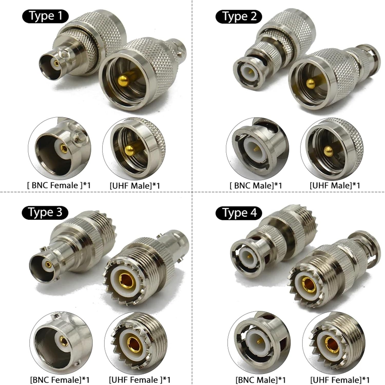 UHF Male to BNC Female Adapter Coax Connector Copper Coaxial Wire Connectors(Type2,4PCS)