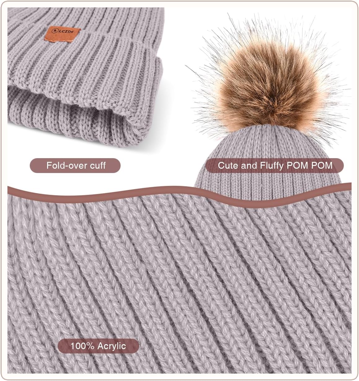 Womens Winter Beanie Hat Gloves Set,Fleece Lined Warm Knit Pom Pom Ski Hat Touchscreen Gloves Set Gifts for Cold Weather - Image 4