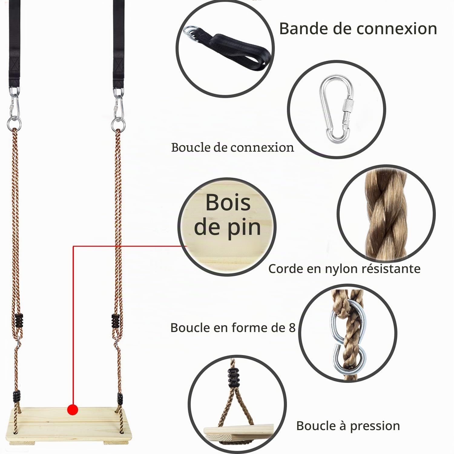 KINSPORY balançoire en Bois, balançoire pour Enfants | balançoire extérieure en bois avec corde de chanvre réglable – pour l'intérieur et l'extérieur, charge maximale de 130 kg