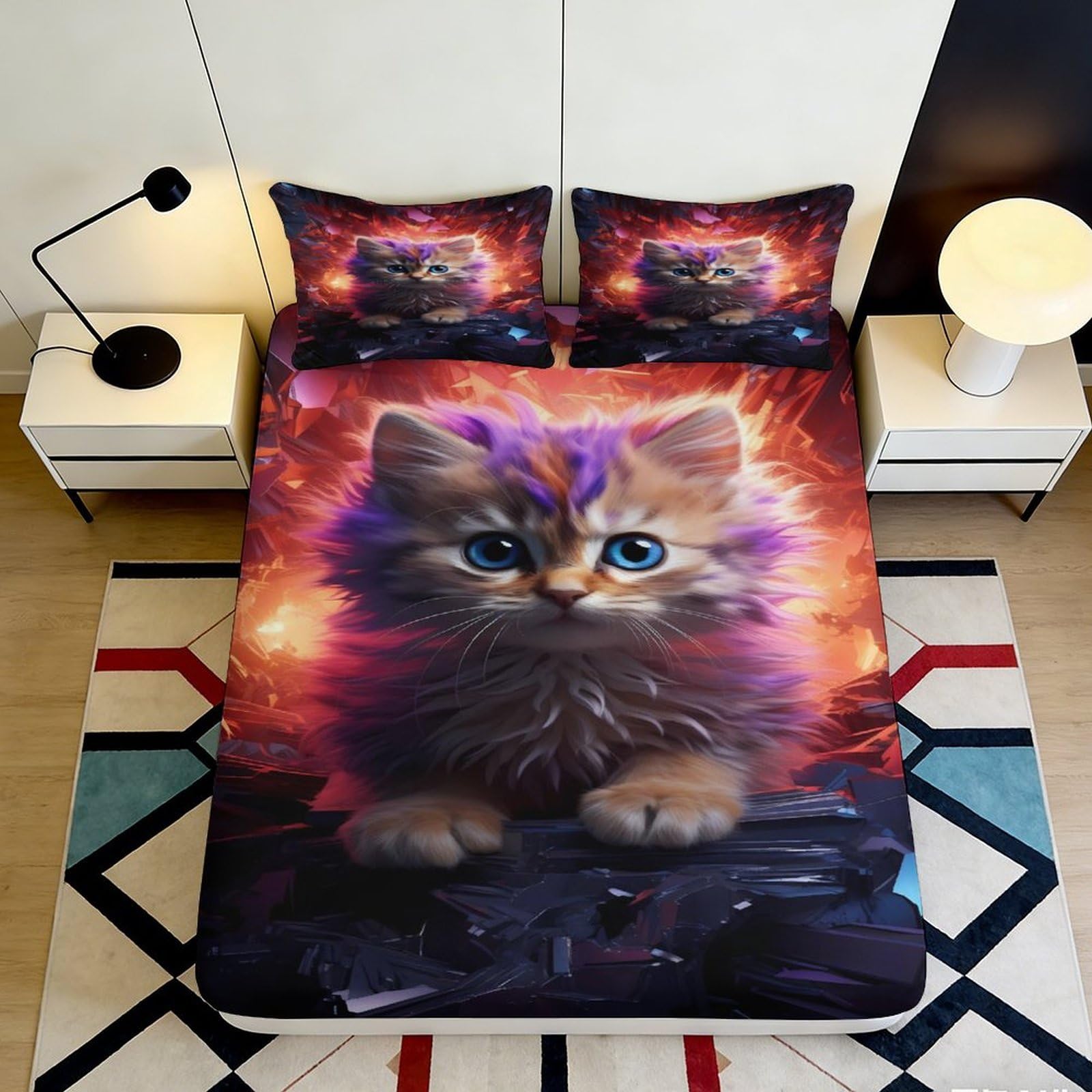 Pnayamiorkfel Style-2 3D Printed Cute Cat Fitted Sheet Microfiber Soft Anti-Slip Bedroom Decor Purple Fluffy Kitten Mattress Cover 90X200x25cm