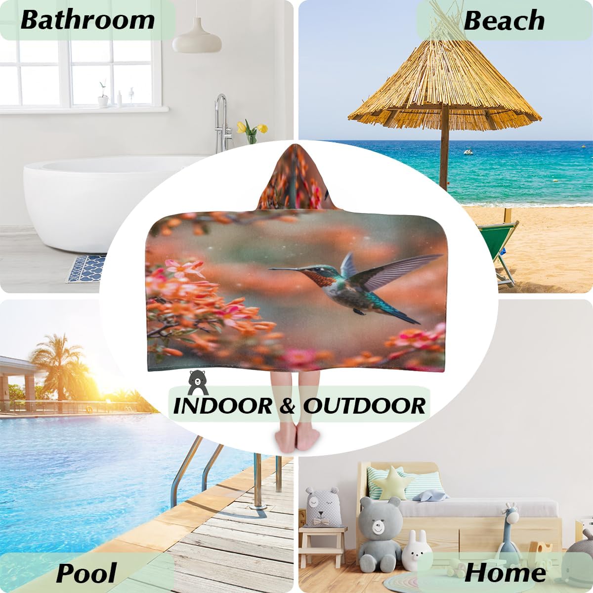Pardick Kids Bath Towel for Girls Boys Hummingbird Beach Towel with Hood Pool Cover Up Soft Absorbent Hooded Bath Towel Toddler Towels for Beach, Pool