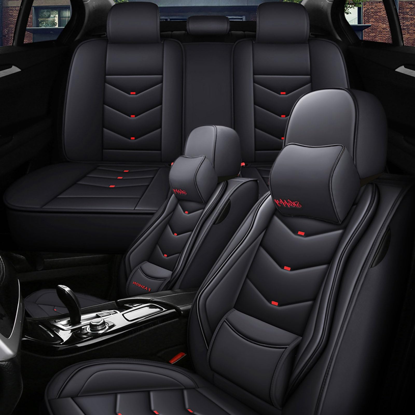 5 Car Seat Covers for Chrysler 300C 2005-2018 Leather Waterproof Seat Covers with Lumbar Support Comfort Car Seat Cover Cushion Airbag Compatible (Black-Deluxe)