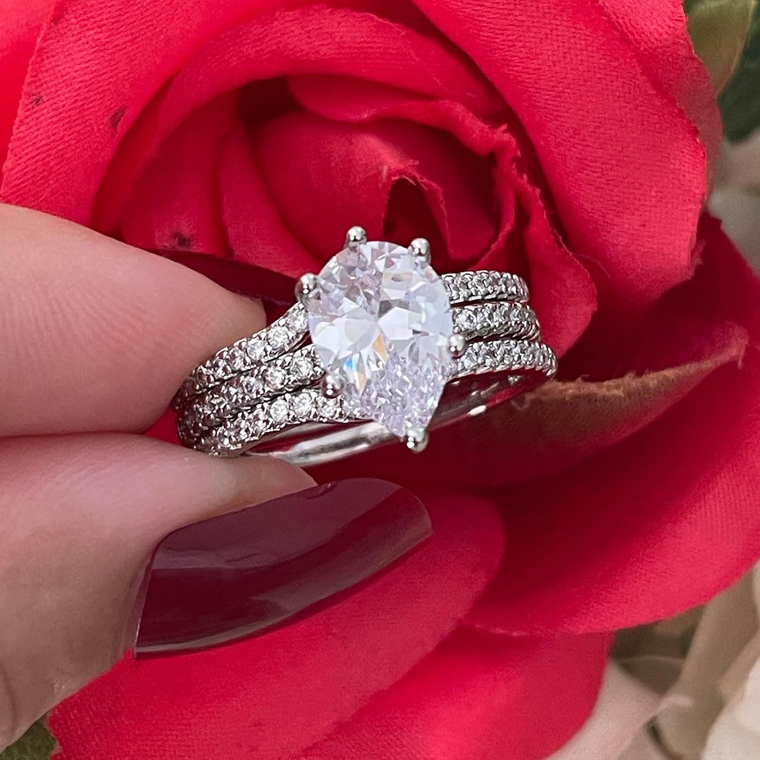 CEJUG Cubic Zirconia Teardrop Engagement Rings Wedding Band Enhancer Guard Ring for Women Bridal Ring Set Size 6-10