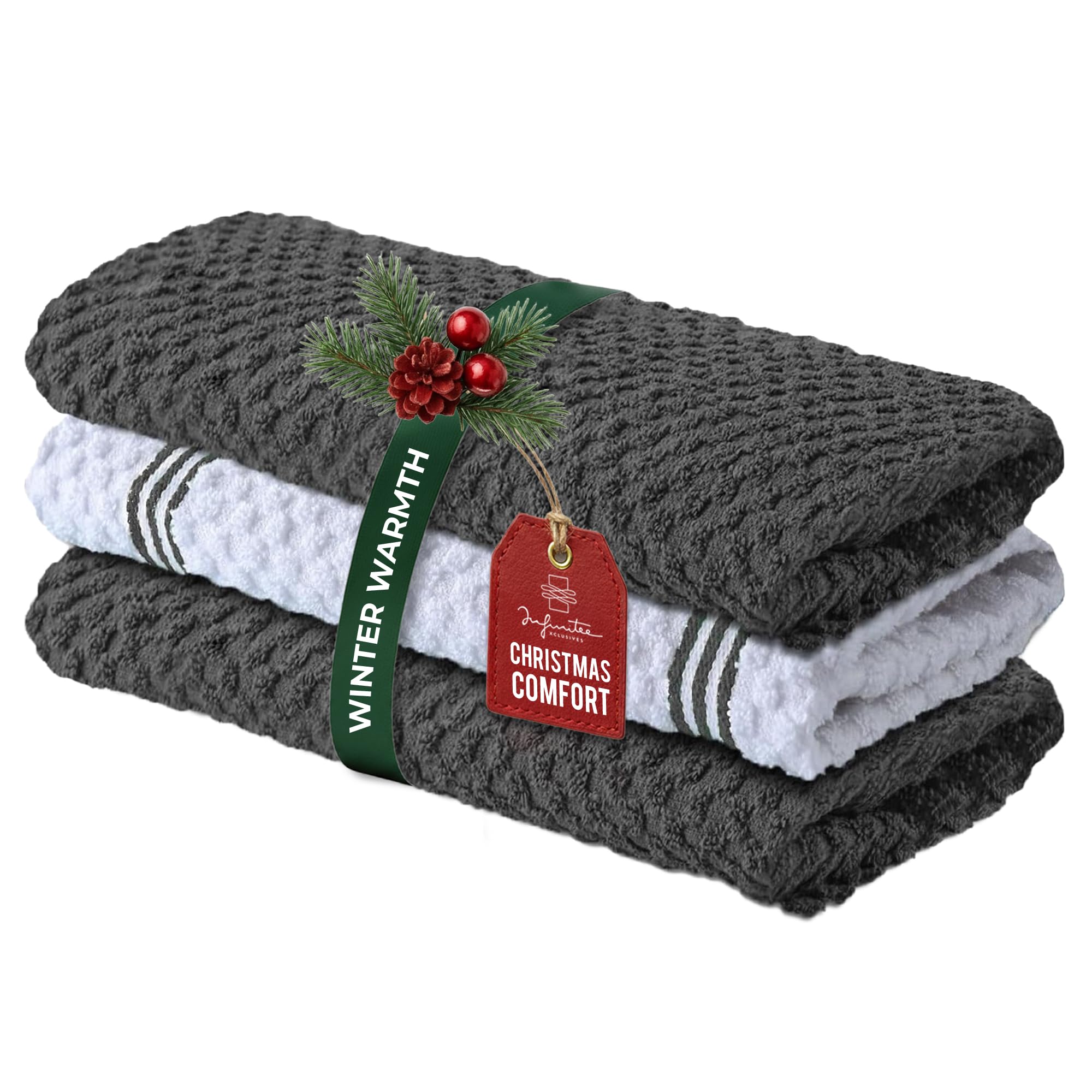 Infinitee Xclusives Premium Kitchen Towels – Pack of 3, 100% Cotton |15 x 25| Inches Absorbent Dish Towels - Terry Kitchen Dishcloth Towels - Grey Dish Cloth for Household Cleaning