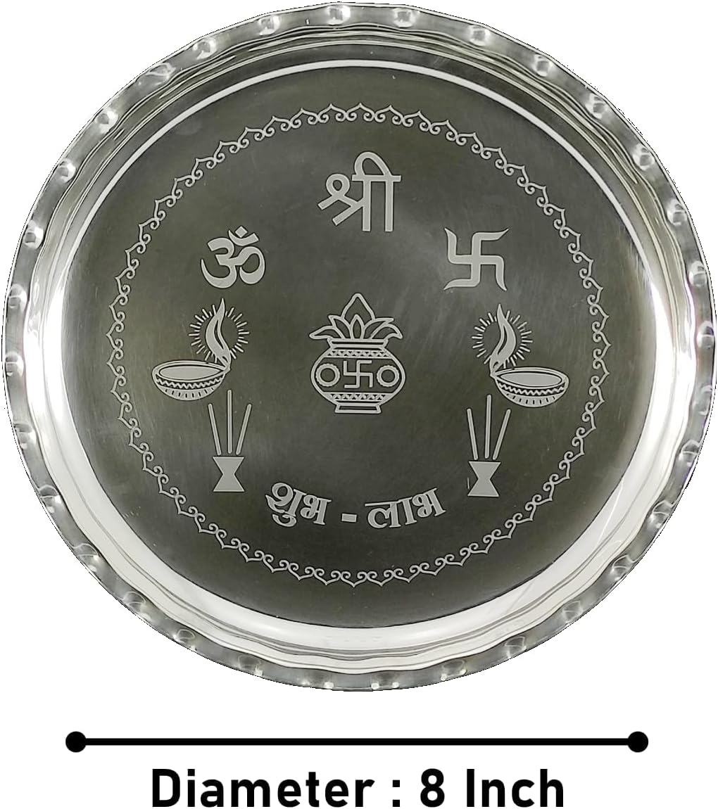 Puja thali Silver Plated Set 8 Inch with Pooja Items Plate Ghanti Bowl Spoon Coin Dhup Dan Diya Kumkum Stand Thali for Home Mandir Office Wedding Return Diwali Gift Items