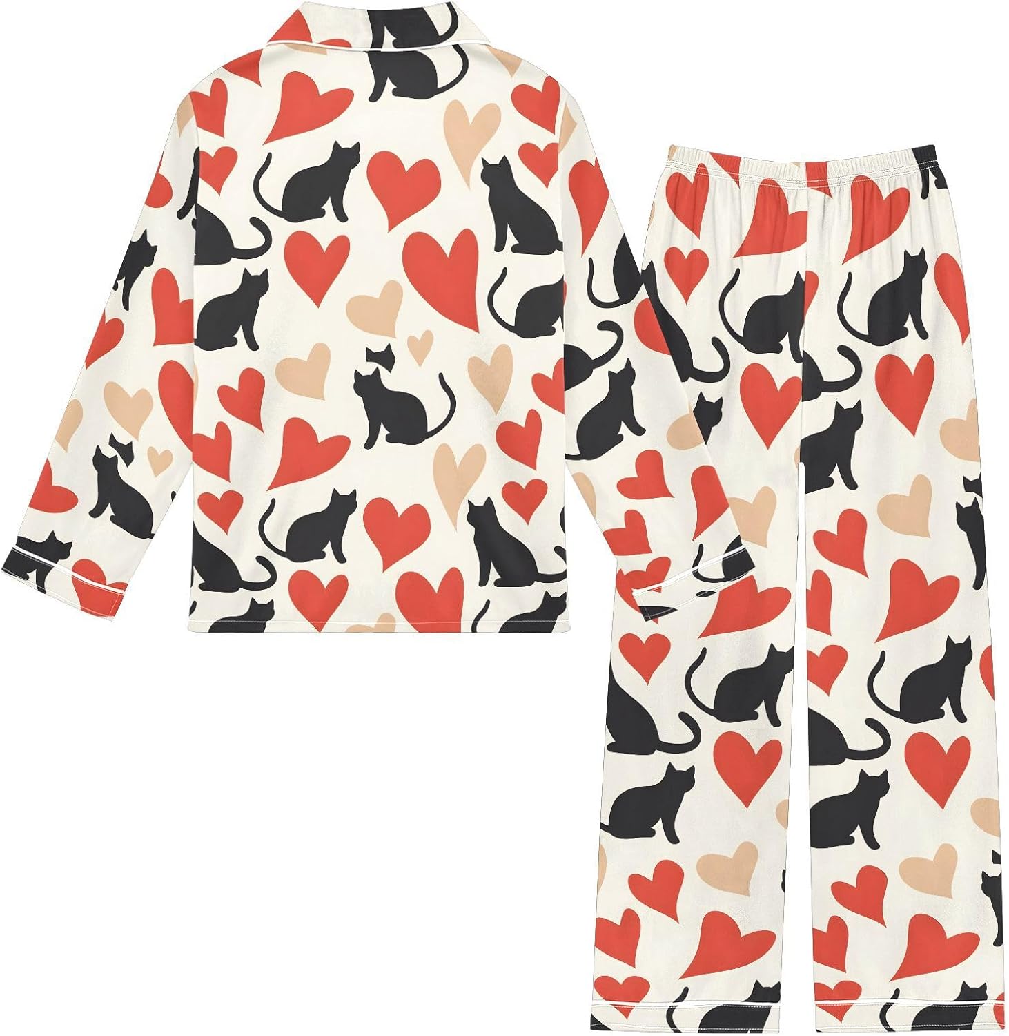 senya Cats Hearts Q Satin Pajama Sets Long Sleeves Nightwear Button Down Sleepwear