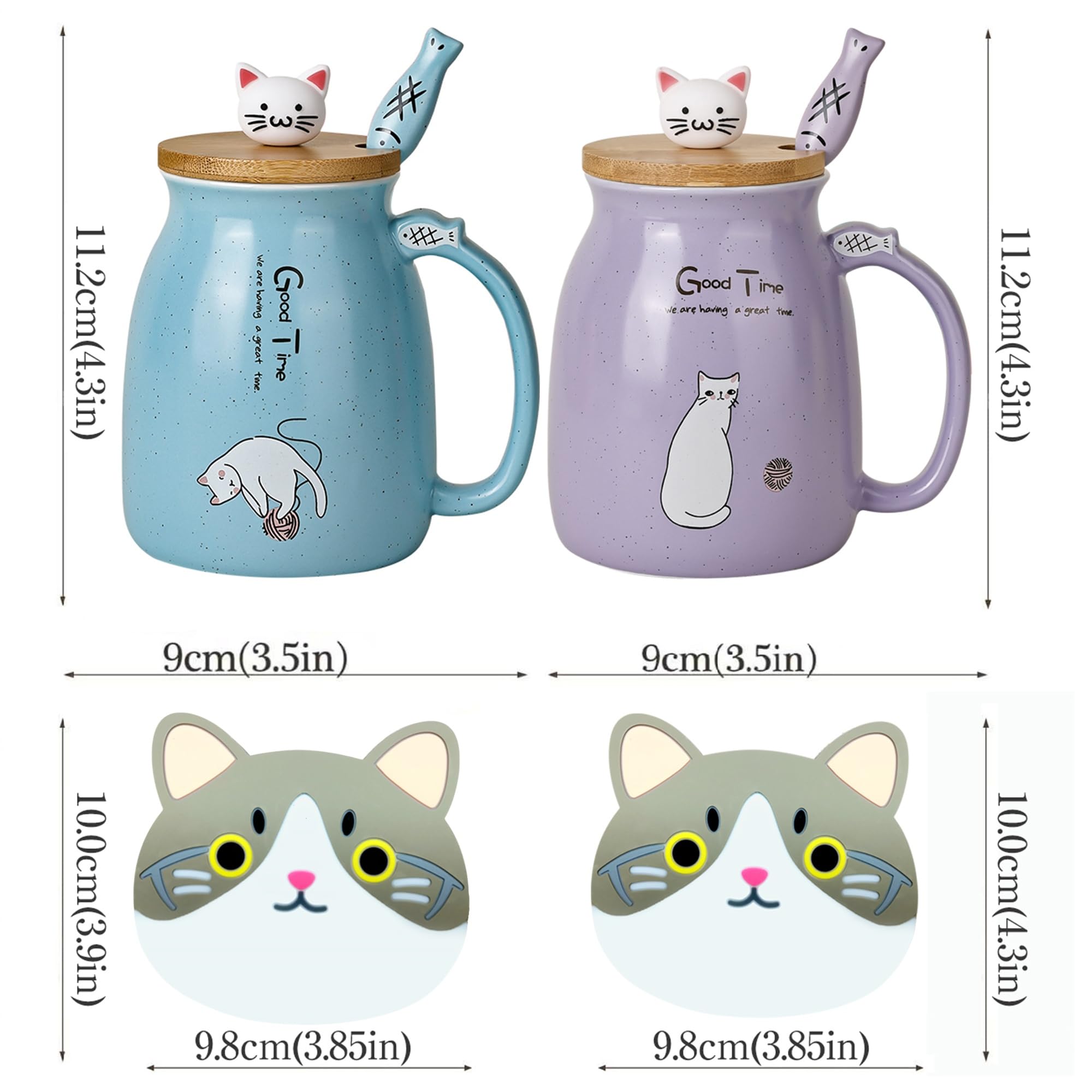 SHENDONG Paquete de 2 tazas de café de cerámica para gatos, juego de 2 tazas de café con tapa de bambú kawaii y cuchara, taza de café con leche, tazas de té de animales (Azul y morado)