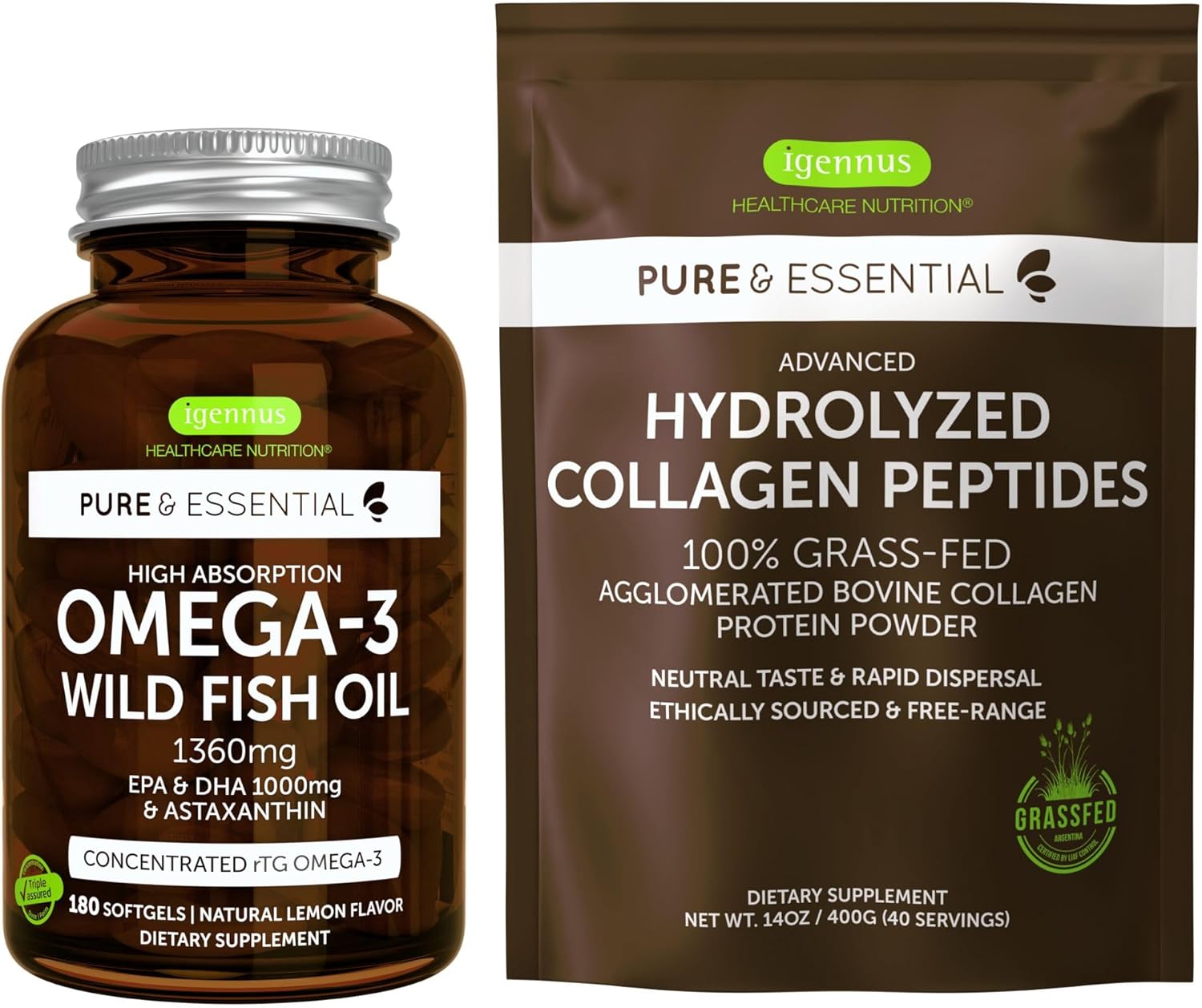 High Absorption Omega-3 Wild Fish Oil 1360mg & Advanced Hydrolyzed Collagen Peptides Bundle, 1000mg EPA & DHA with Astaxanthin & 100% Grass Fed Bovine Collagen Protein Powder, by Igennus