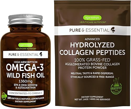 Igennus - Aceite de pescado silvestre Omega-3 de alta absorción, 1360 mg y paquete de péptidos de colágeno hidrolizados avanzados, 1000 mg de EPA y