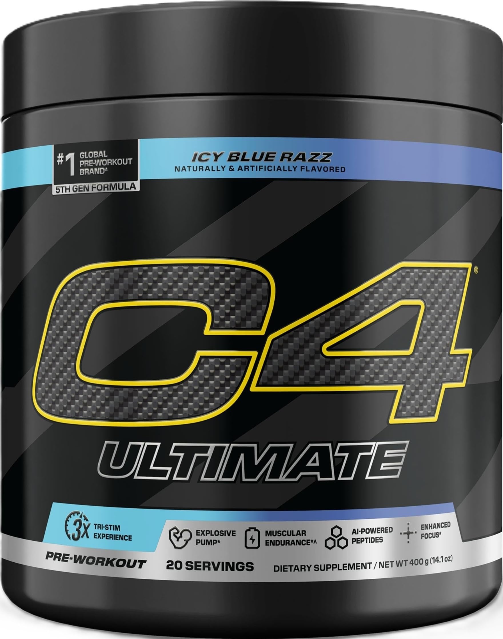 C4 Ultimate Pre Workout Powder Icy Blue Razz - Sugar Free Preworkout Energy Supplement for Men & Women - 300mg Caffeine + 3.2g Beta Alanine + 2 Patented Creatines - 20 Servings