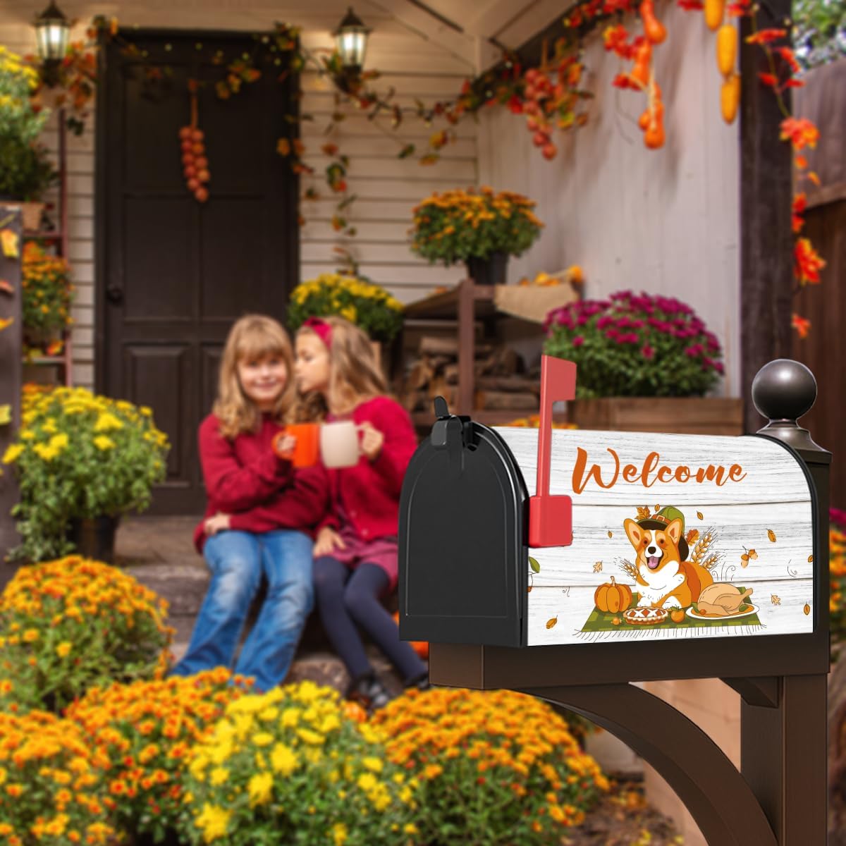 Fall Welcome Corgi Mailbox Cover Autumn Waterproof Post Letter Box for Outdoor Garden Yard Decor Standard Size 18 X 21 Inch