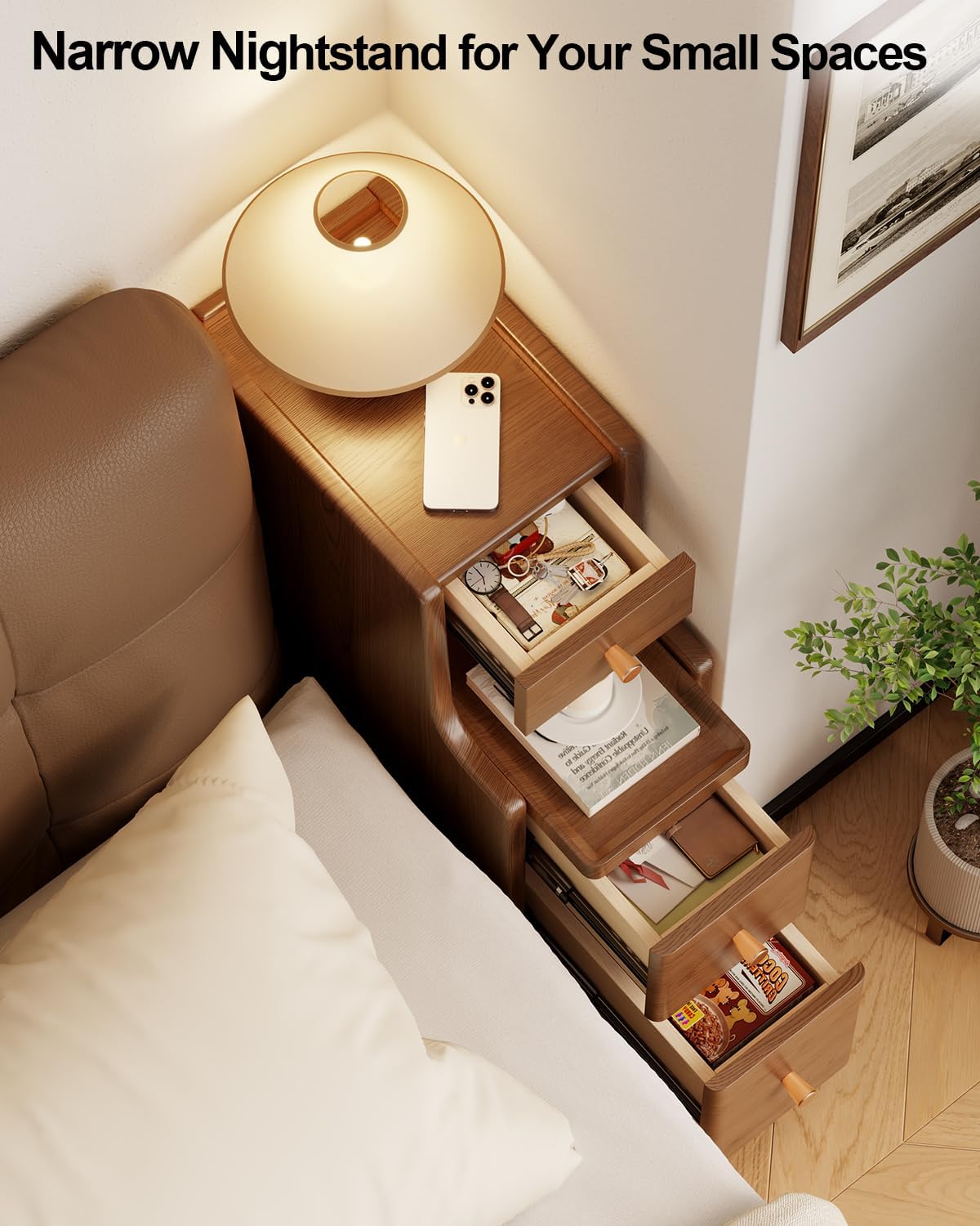 Narrow Nightstand with 3 Drawers,Solid Wood Narrow Bedside Table Walnut, Modern Skinny Nightstand for Bedroom(Fully Assembly)
