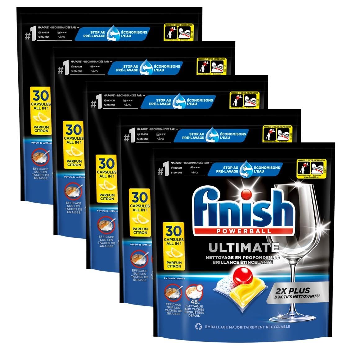 Finish Ultimate - Cápsulas de limón para lavavajillas, 5 paquetes de 30 cápsulas