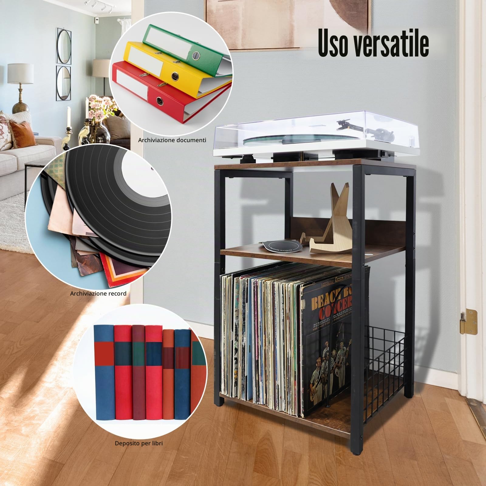 MayRecords Supporto per giradischi, tavolino con 3 ripiani in vinile, supporto per riporre fino a 100 album, supporto marrone per soggiorno, camera da letto