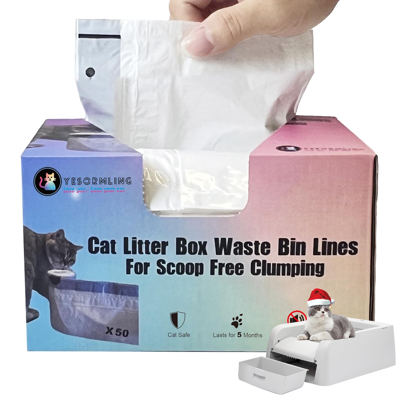 50 Count Cat Litter Box Liners, Compatible with PetSafe Scoop Free Self Cleaning Clumping Litter Box, Drawstring Litter Box Liner, Replaceable Cat