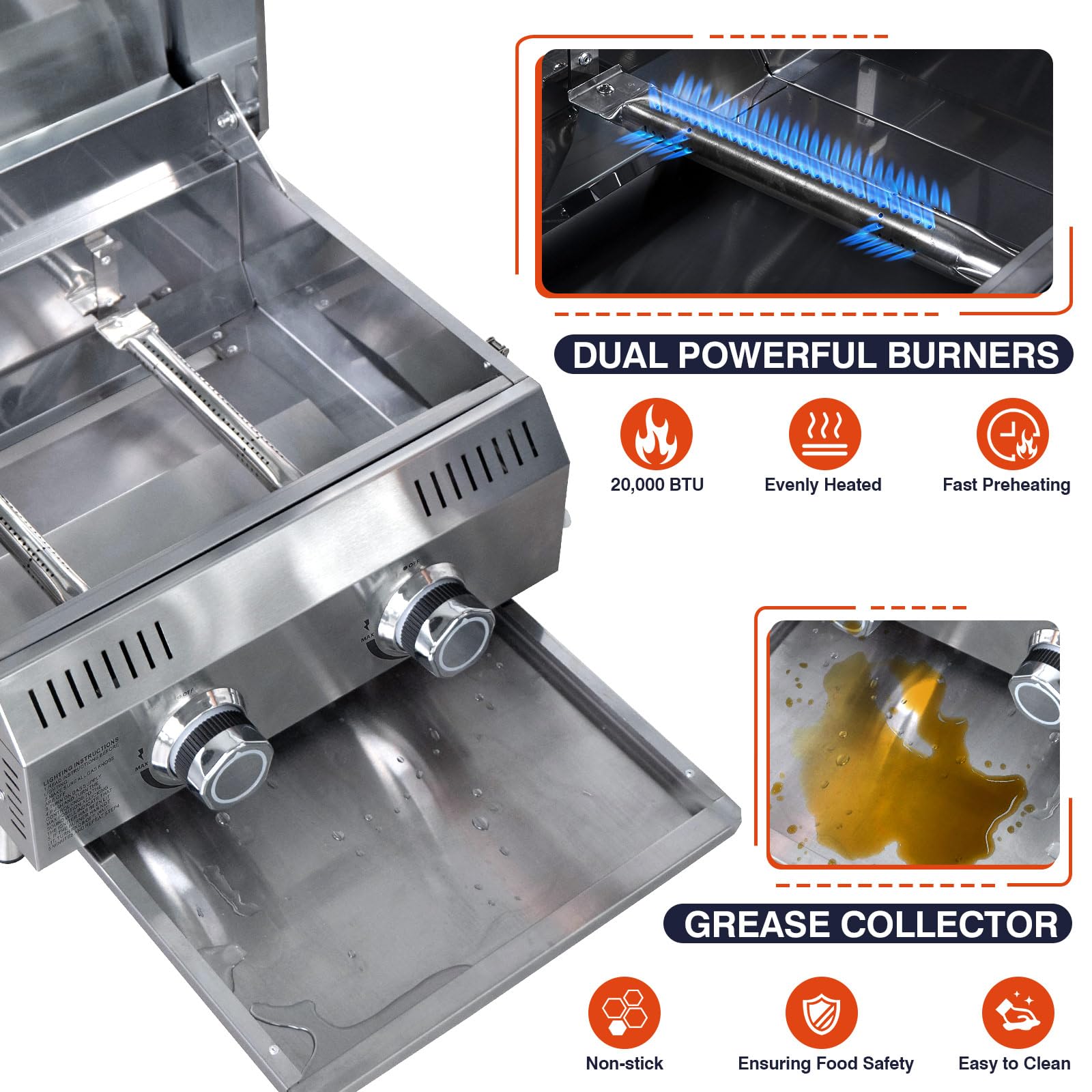 Llamaviva - Parrilla de gas de mesa de 2 quemadores, parrilla de propano portátil de acero inoxidable de 20,000 BTU con patas para portón trasero, patio al aire libre, campamento y viajes de caravana
