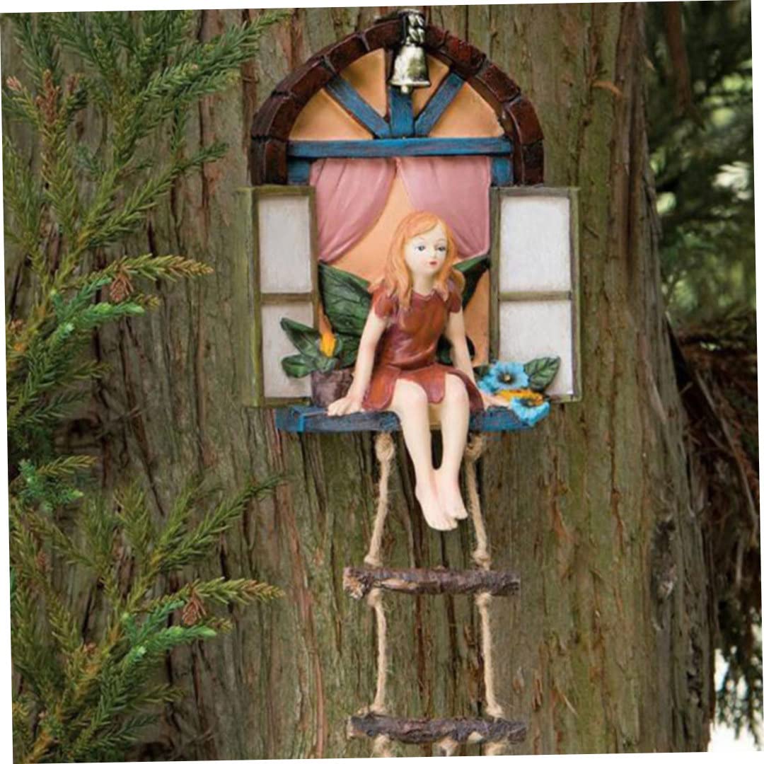 Aetherize Fairy Garden Window Statue Miniature Girl Ladder Hanging Tree Sculpture Micro Landscape Ornament Decoration, Indoor Use