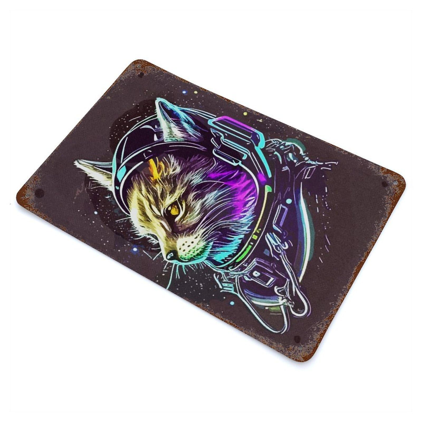 Retro Metal Sign with Cat Astronaut Design 11.8"x7.9", for Living Room, Hallway And Home Decor, Farmhouse Wall Decor