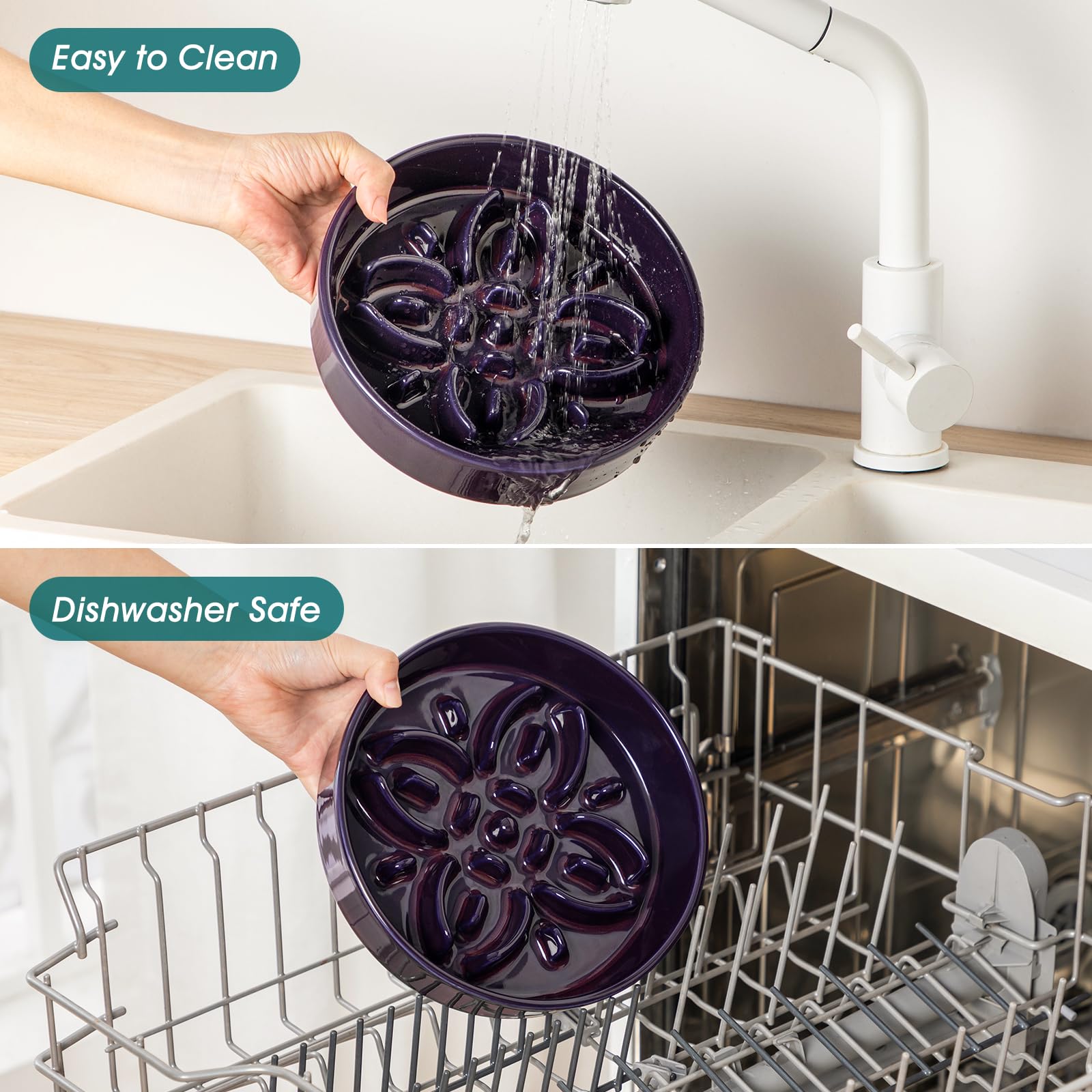 vancasso Ceramic Slow Feeder Dog Bowls, Puzzle Dog Food Bowls with Floral Maze, Anti -Slip Pet Food Dish for Medium Breed, 1.5 Cups, Purple - image 5