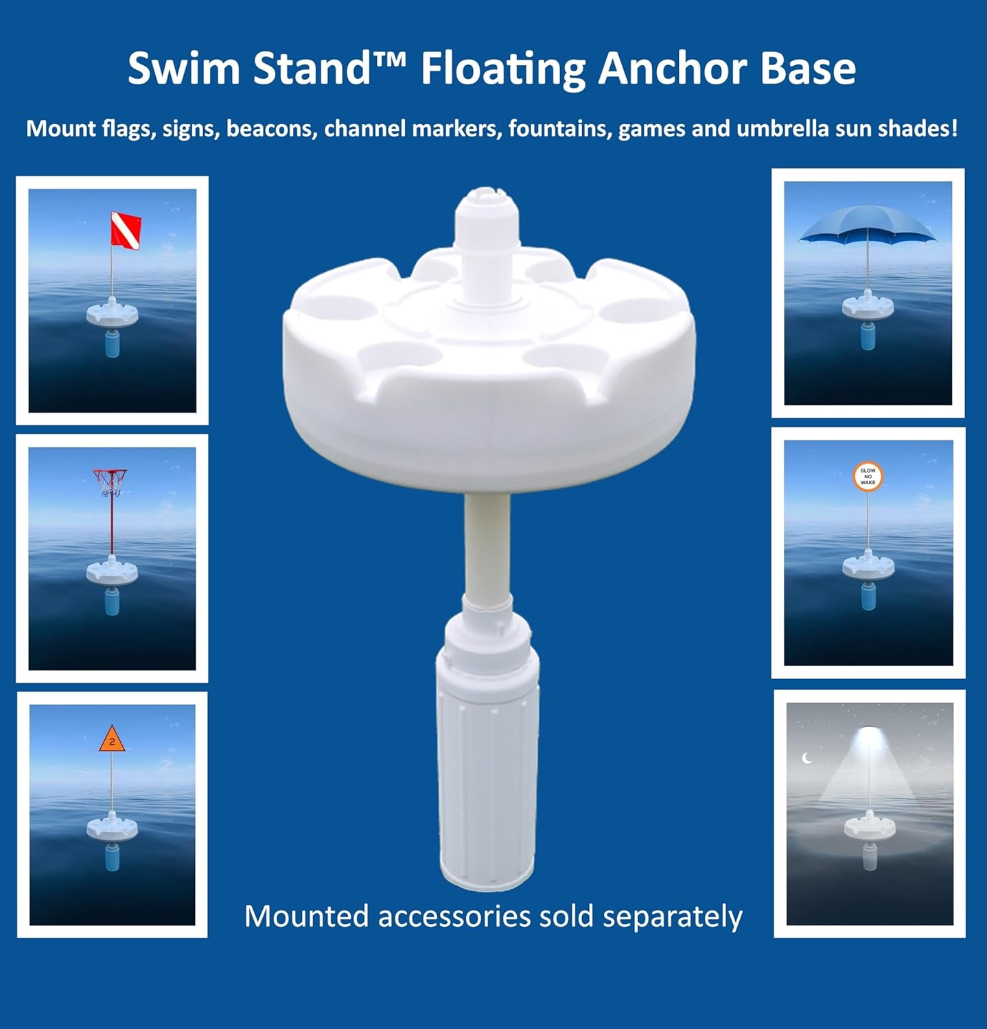 The floating umbrella stand and food and beverage table. 6 cupholders for drinks and snacks. Provides up to 30 pound counterweight! Works with umbrella shades up to 4 pounds in weight