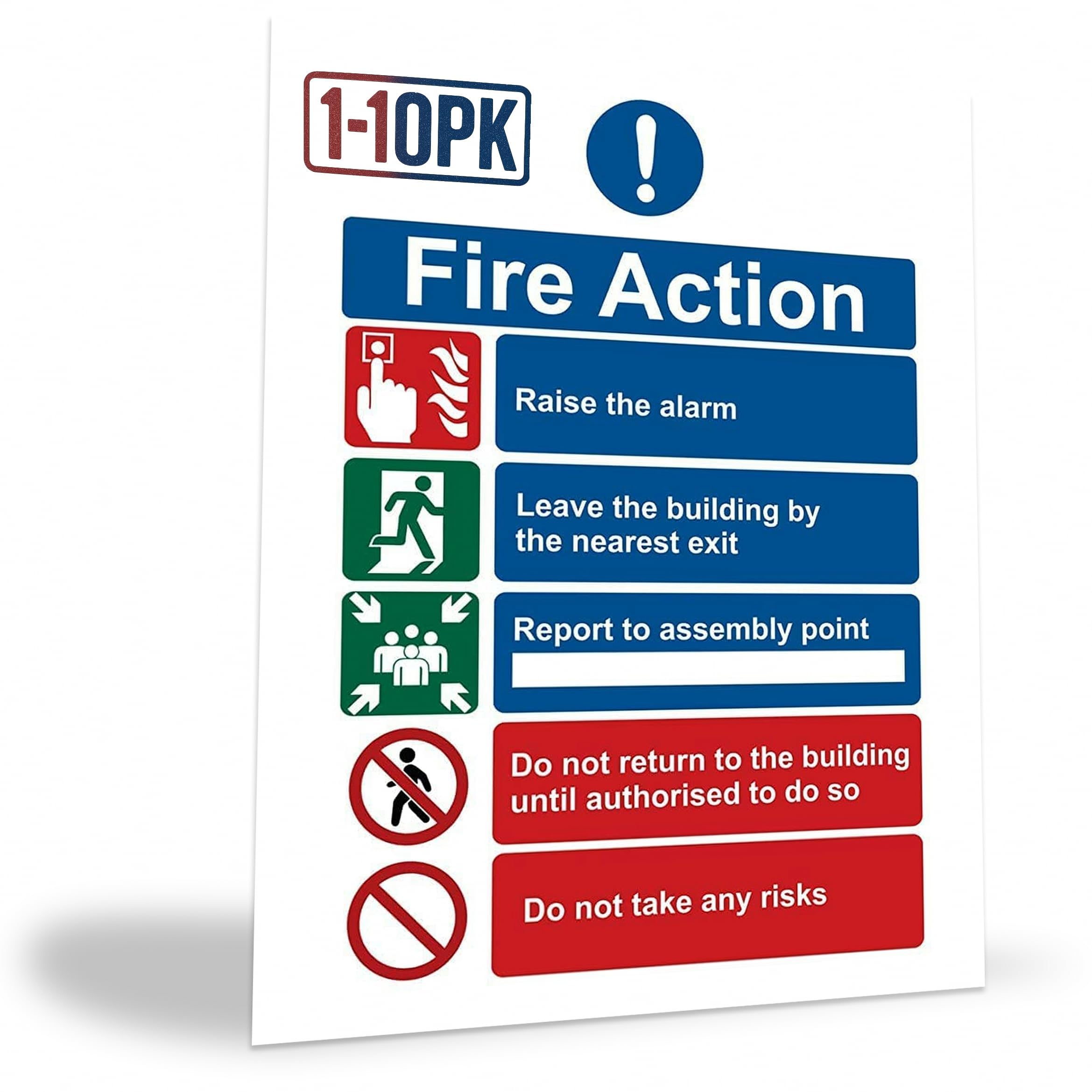 1/2/5/10 Pack Fire Action Notice Sticker 20x15cm – Fire Safety Sign for Evacuation, Assembly Point, and Extinguisher Locations - Self Adhesive Vinyl (1)