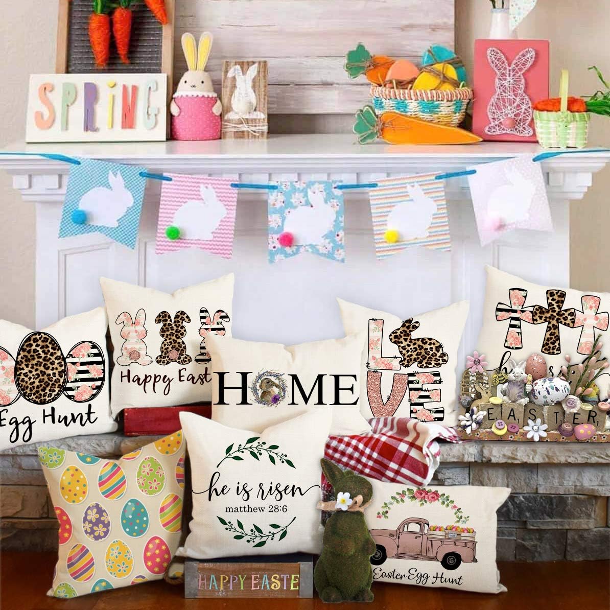 4TH Emotion Spring Easter Pillow Covers 16x16 Set of 4 Farmhouse Decor Decoration Cushion Case for Sofa Couch Polyester Linen(Happy Bunny, Love Rabbit, He is Risen, Egg Hunt)