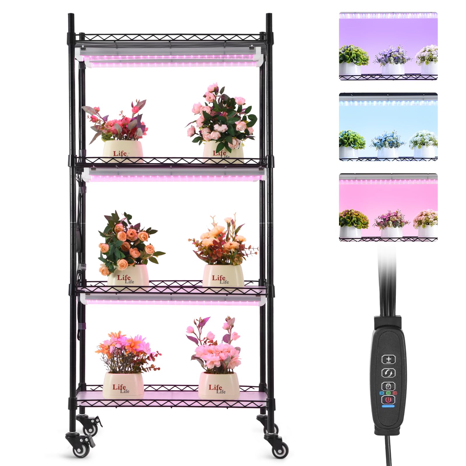 Plant Shelf with Grow Lights for Indoor Plants, 4-Tier Metal Plant Stand with 6PCs Full Spectrum Grow Lights and Wheels, Lights Color/Brightness Adjustable, 3/9/12h Timing (47.2''H×23.6''L×13.8''W)