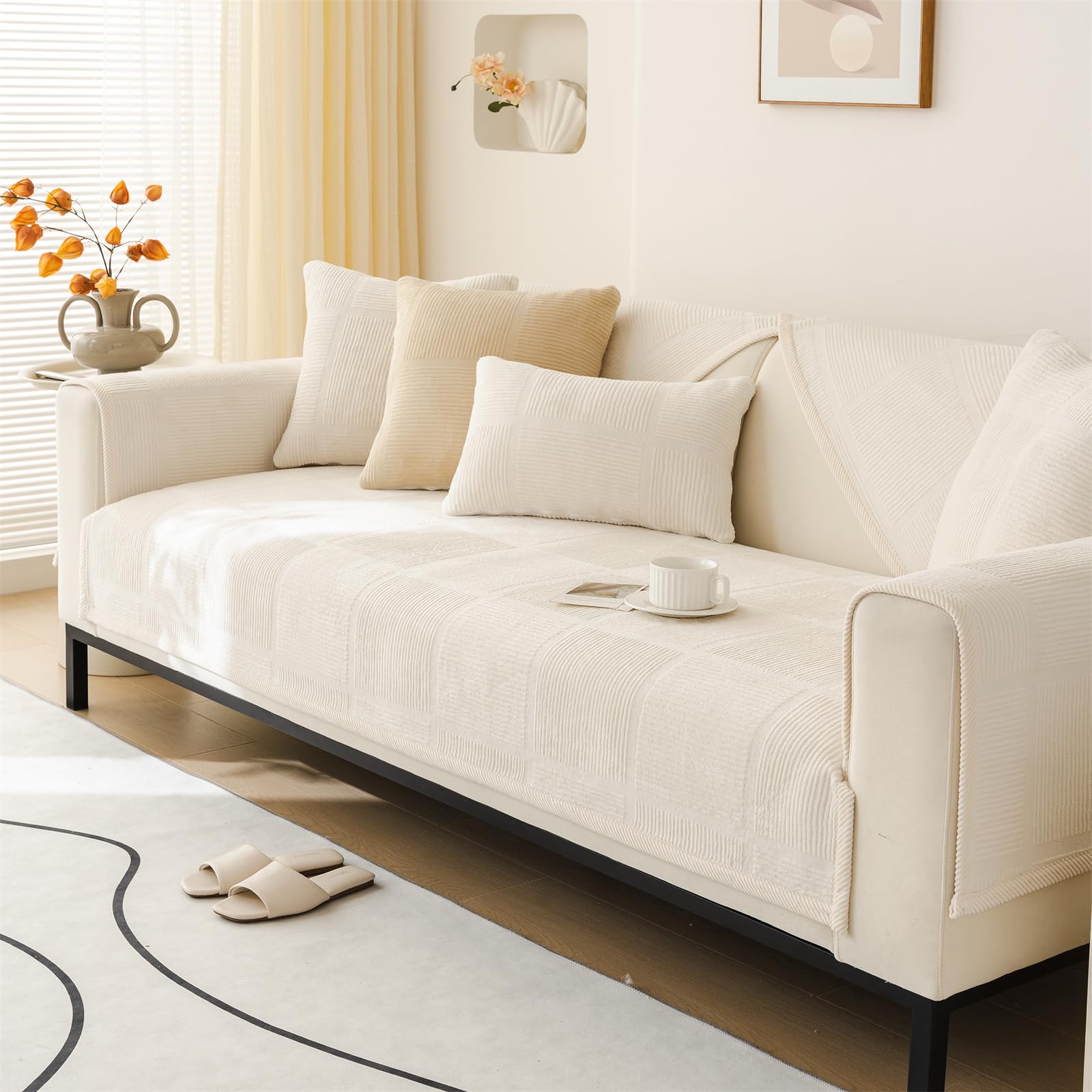 LINGKY Milk Velvet Sofa Covers Washable - Sofa Cushion Covers, Non-Slip Sofa Cover 1 2 3 Seater Couch Covers for Sectional Sofa, Sofa Slipcovers L Shape Furniture Protector (Beige White, 110x240cm) — image 1