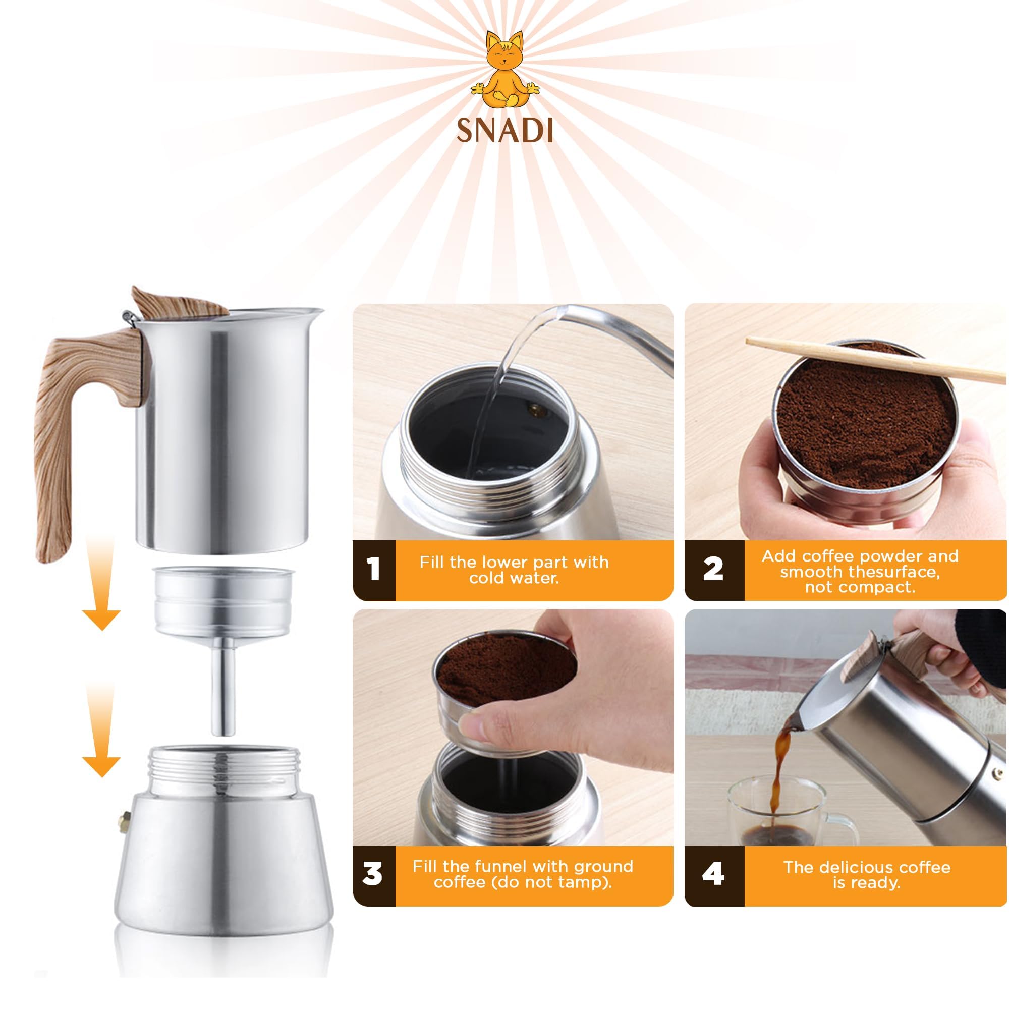 Caffettiera Moka Snadi - Design Moderno In Acciaio Inox Per Induzione, Gas E Vetroceramica - 4 Tazze - Foto 7