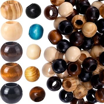Pndeyo 50pcs Wooden Beads for Crafts, Round Large Hole Wood Hair Bead, Vintage Wooden Spacer Accessories for Macrame Necklace Bracelet DIY Craft Handmade Decor- 5 Colors