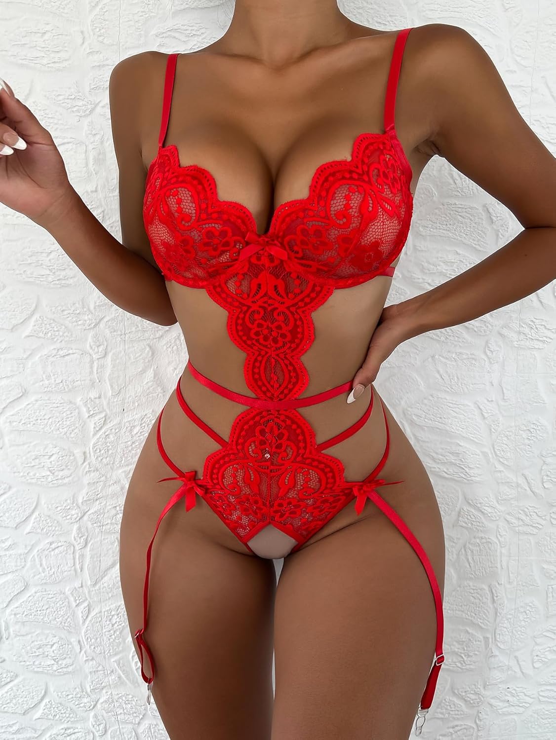 SOLY HUX Lingerie for Women Lace Cutout Scalloped Trim Bodysuit Teddy Lingerie Babydoll - Image 4