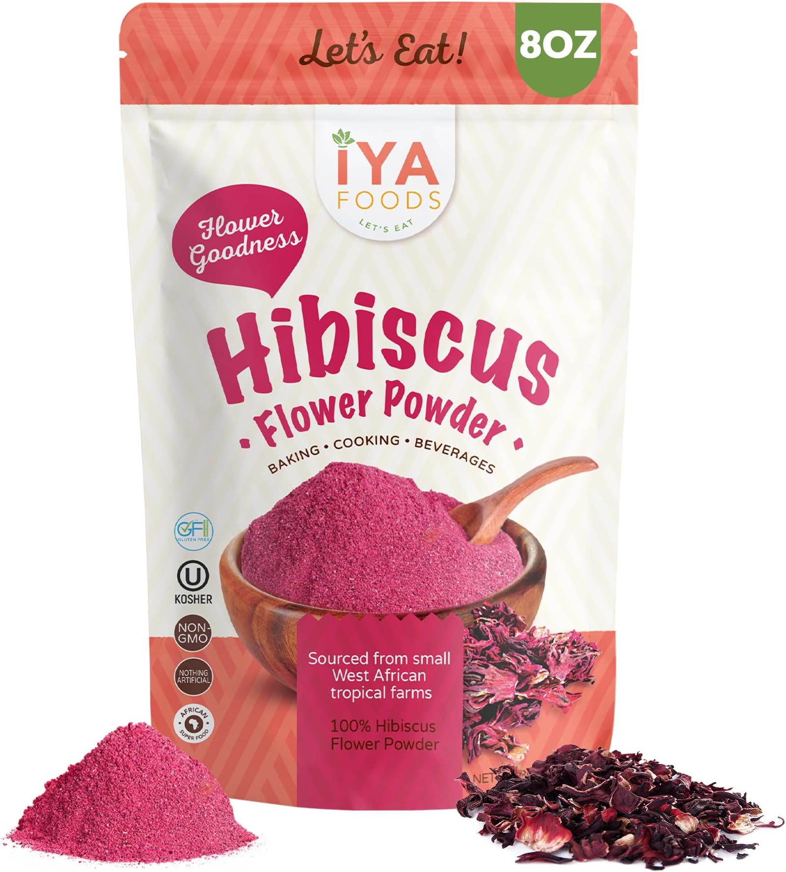 Iyafoods, GlutenFree, Hibiscus Flower Powder, Kosher Certified (Hibiscus Sabdariffa Flower Powder,Dry Roselle Powder) Non GMO, No Preservative - 8 Ounces