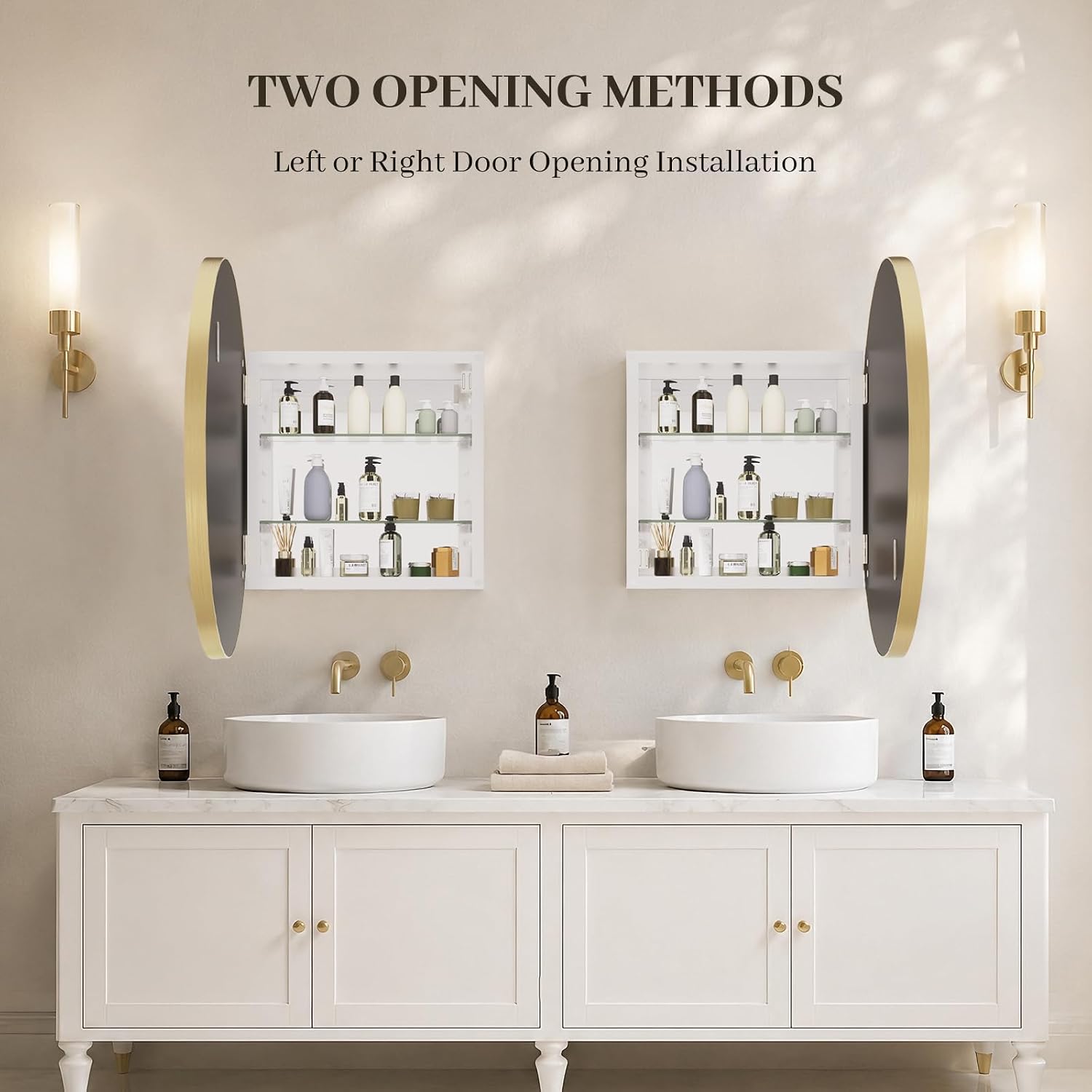 WallBeyond Bathroom Medicine Cabinet with Mirror, 24 Inch Gold Round Mirror Medicine Mabinet Wall Mounted with Aluminum Alloy Metal Framed, Surface Mount Medicine Cabinet with Storage