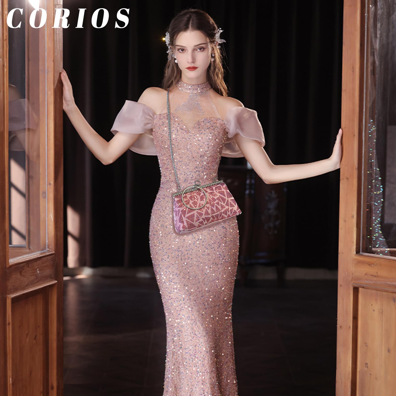 CORIOS Bolsa de Noche de Lentejuelas para Mujer Diamantes de Imitación Clutch Elegante Bolso de Fiesta Bolso de Boda Bolsa de Cadena Pequeña Lujoso Bolso de Hombro Bolso de Mano Rosa