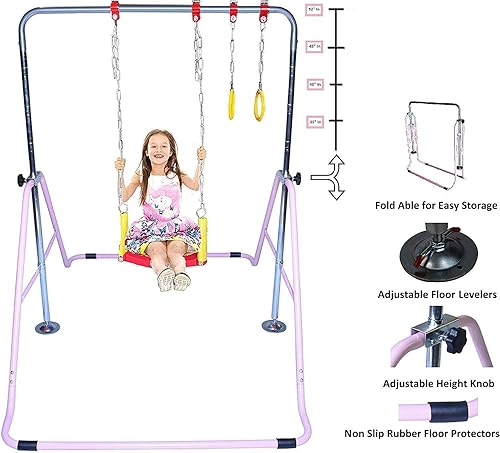 Miniatura 2 de Juego de columpios de gimnasia 3 en 1 para niños, barra de kip bar, anillos de trapecio, torre de escalada horizontal ajustable, color rosa
