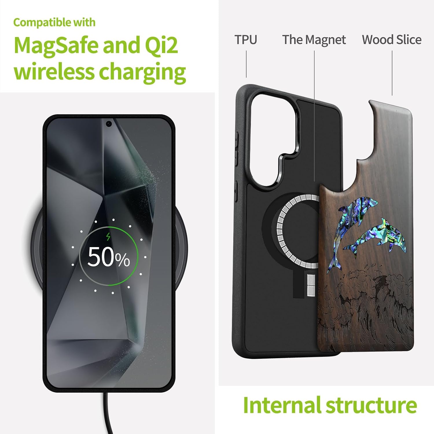 Carveit Magnetic Wooden Case for Samsung Galaxy S26 Ultra Case, Wood Artisan Engraved & Handmade Shell Inlaid, Compatible with MagSafe Wireless Chargers (Dolphins in The Waves) Blackwood