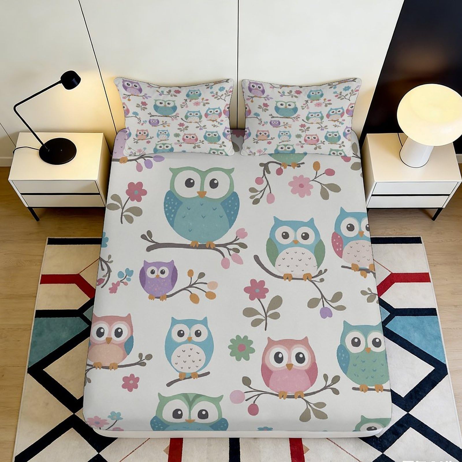 3D Printed Colourful Owl Fitted Sheet Microfiber Soft Floral Branch Bed Cover for Bedroom Guest Room Decor 90x200x25cm