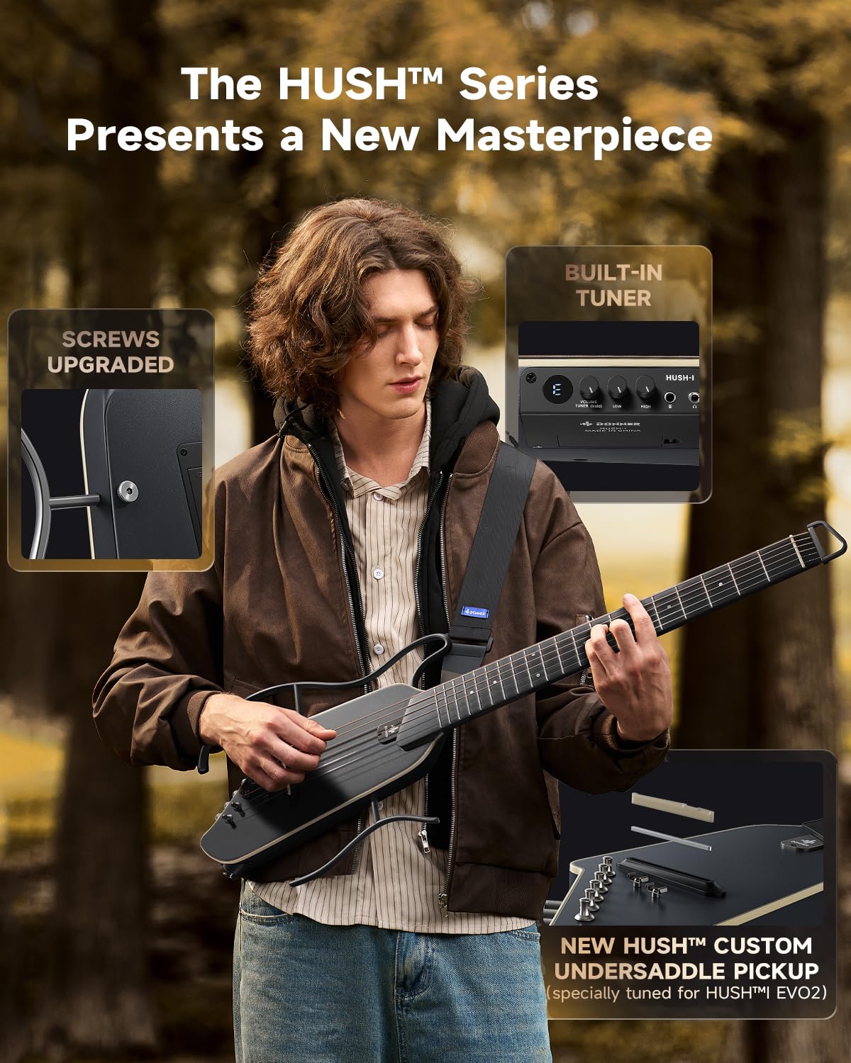 Donner HUSH I EVO2 Chitarra Acustica-Elettrica da Viaggio, Ultra-Leggera, Senza Paletta, con Accordatore Integrato, Supporti Rimovibili e Uscita Cuffie – Nero