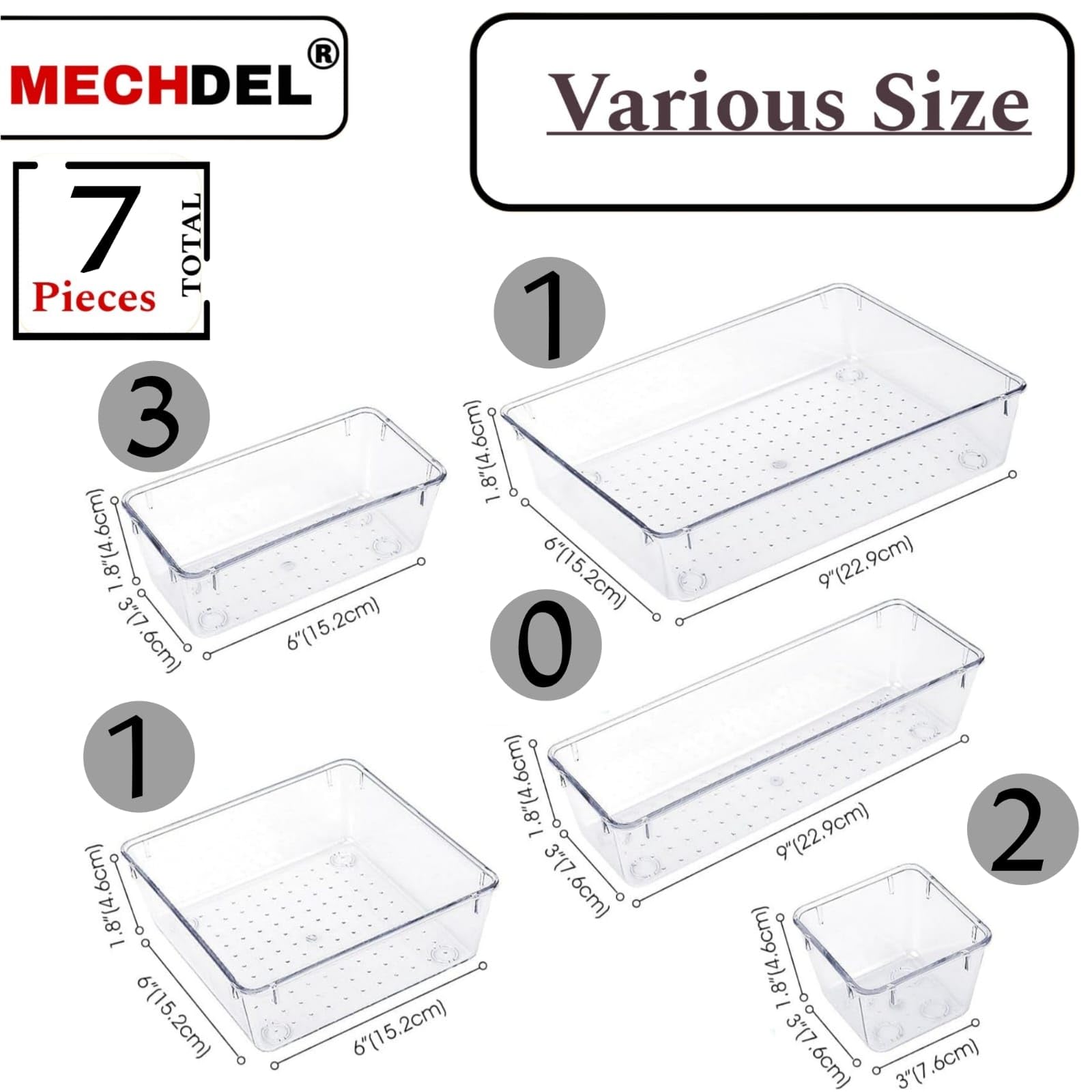 MECHDEL Drawer Organizer Set/Bathroom and Dressing Table Trays/Cosmetic Display/Bathroom Cosmetic Organizers/Unbreakable Drawer Organizer/Drawers Divider Tray (Transparent, 7PCS Set)