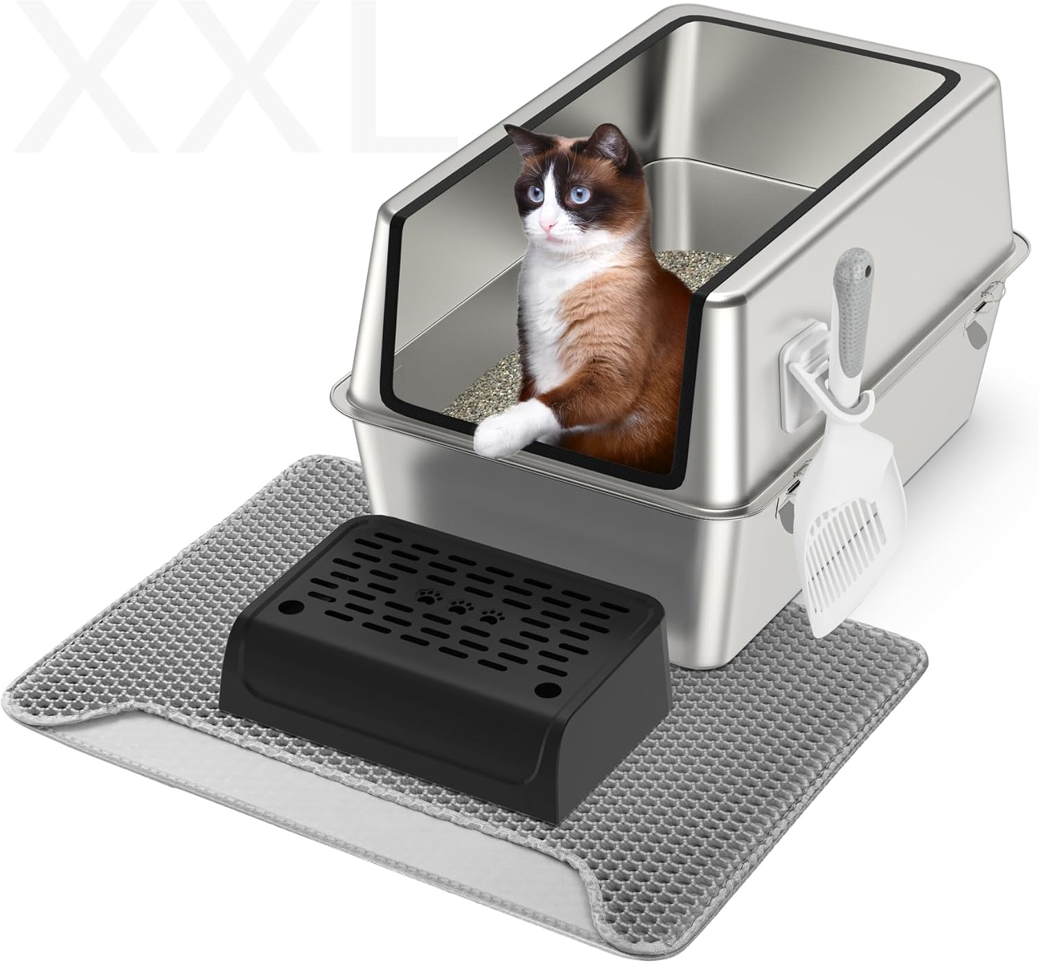 Stainless Steel Cat Litter Box with Lid,XXL Extra Large Enclosure Removable Metal Litter Box High Sided for Big Cats,with Litter Scoop,Double Layer Litter Mat&Pedal,Anti-Leakage,Non-Stick,Non-Odor