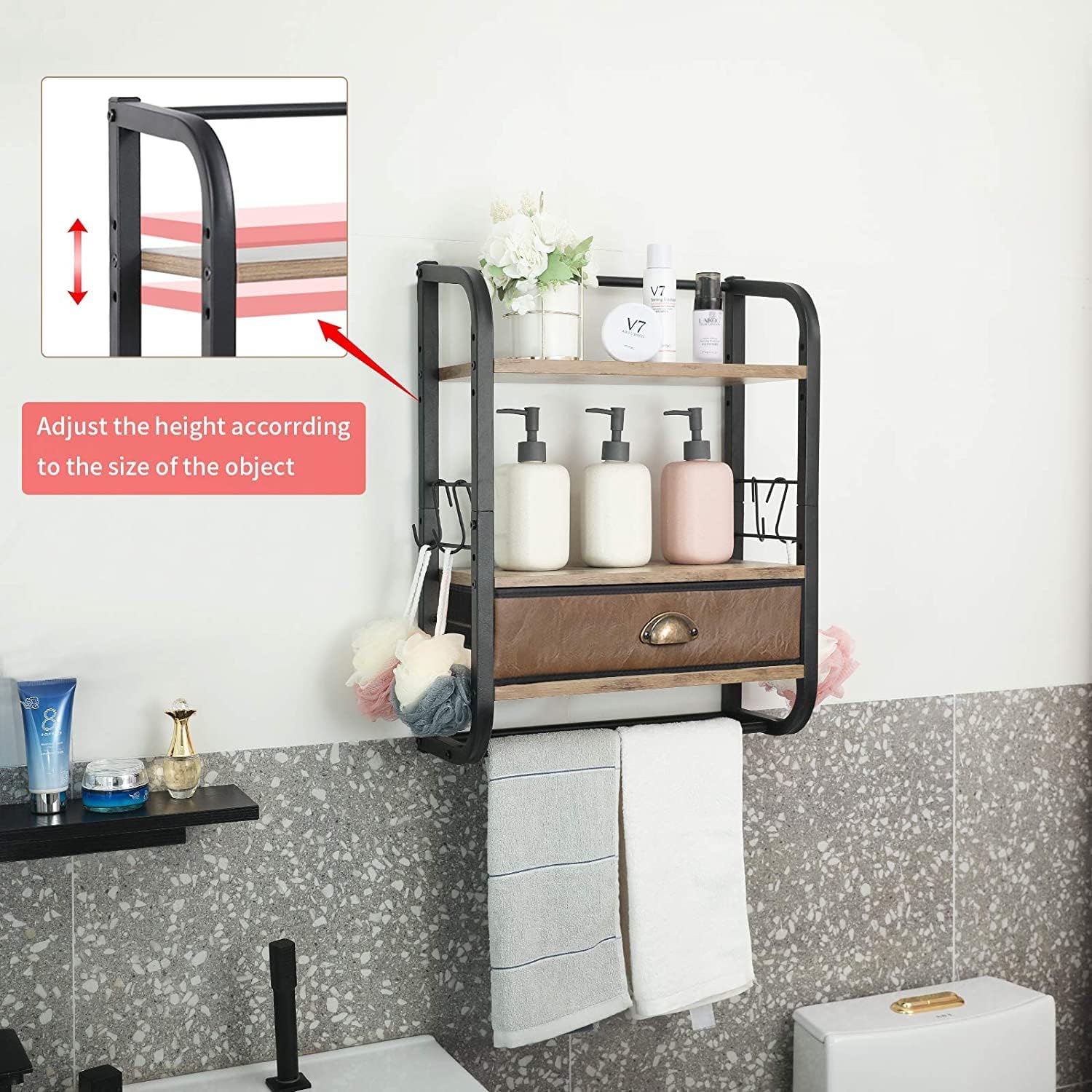 X-cosrack Wall Mounted Bathroom Shelves 3-Tier, Adjustable-Layer with PU Drawer and Towel Bar Industrial Iron Hanging Storage Rack, for Kitchen Bathroom Living Room Bedroom