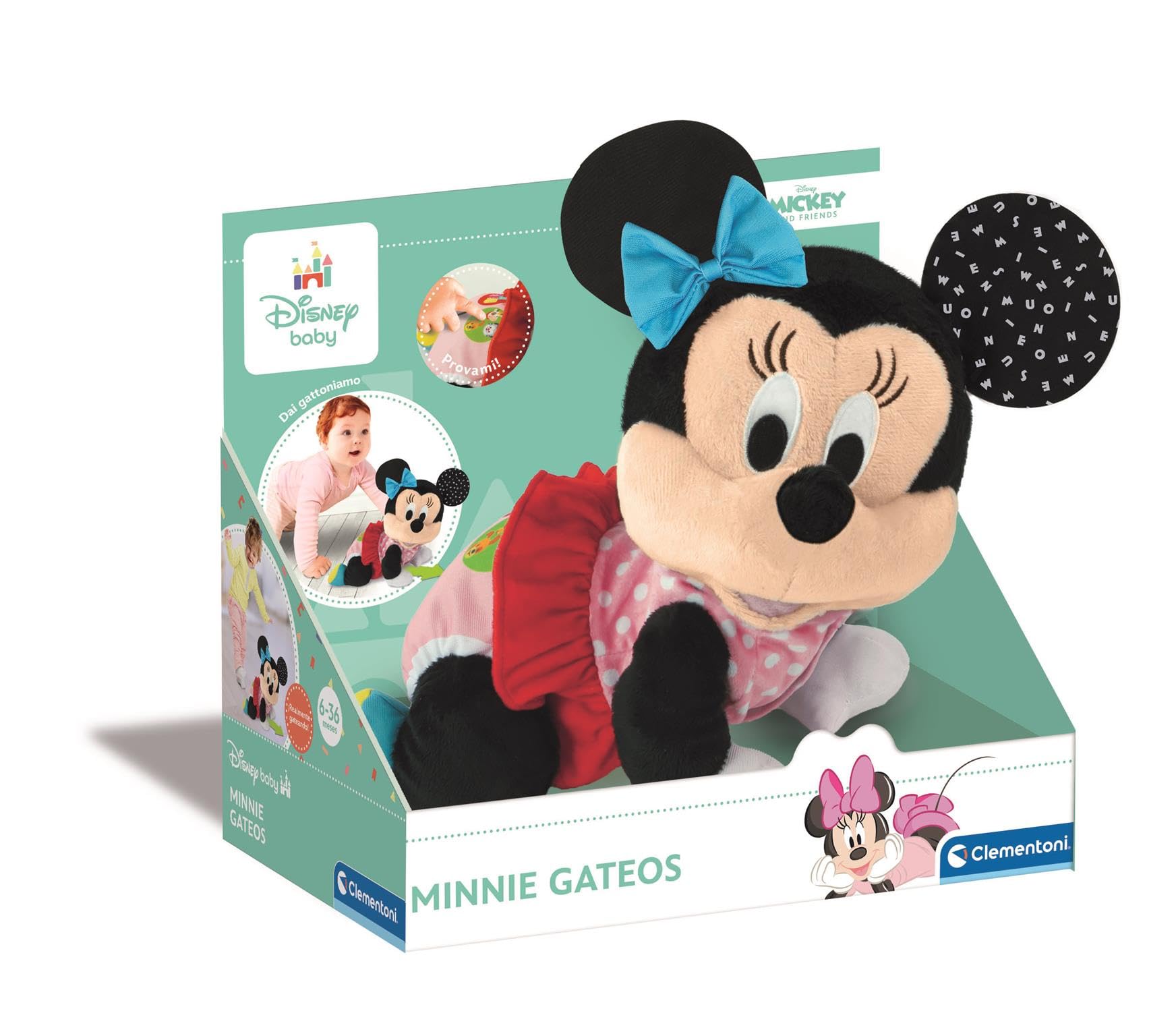 Clementoni - Baby Minnie Gateos - Peluche Interactivo para Bebés con el Que Dará Sus Primeros Pasos - Enseña Números y Sonidos de Animales - A Partir de 6 Meses - Fabricado en Italia - 55574