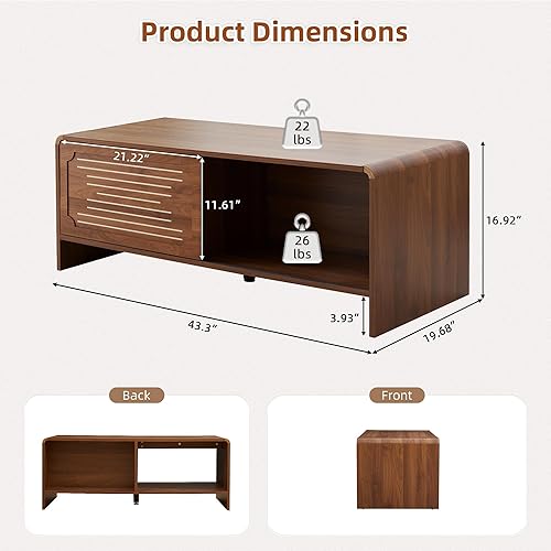 Miniatura 2 de Mesa auxiliar de 43.3 pulgadas con almacenamiento, mesa central moderna de madera de 2 niveles con puerta corredera, mesas de centro rectangulares