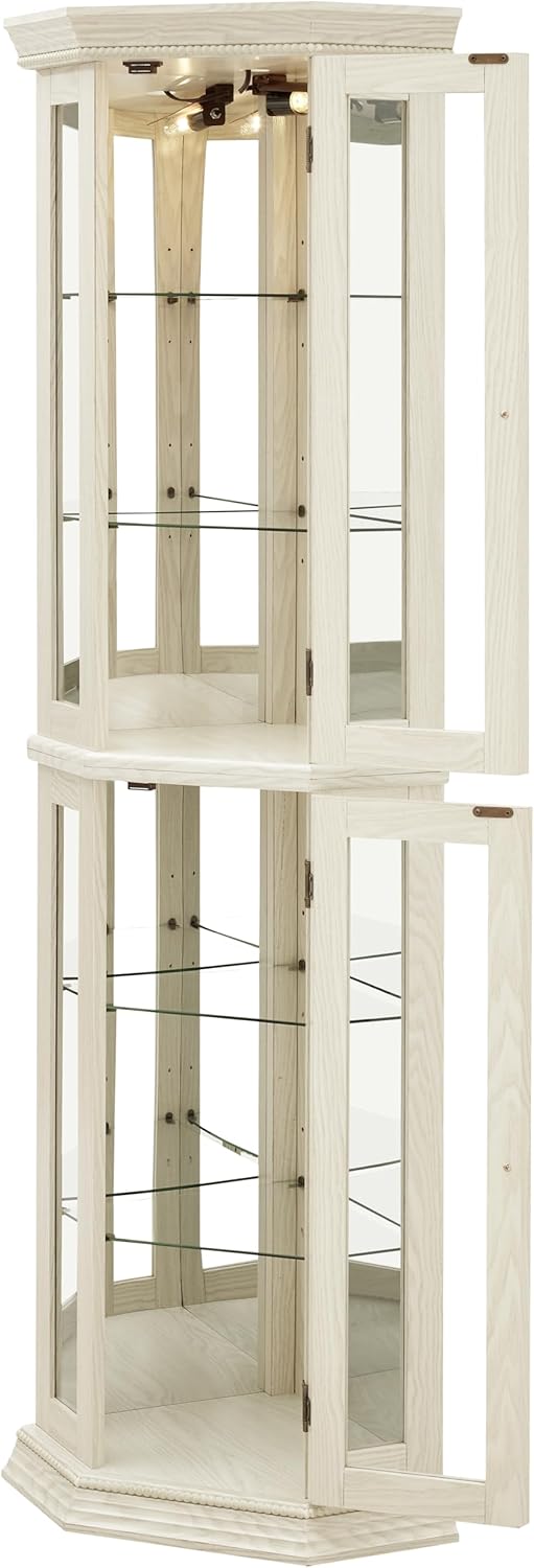 Havemies Corner Curio Cabinet with Lighting, Tempered Glass Door Display for Living Room, Adjustable Shelves Bar Cabinet with Included Bulb, Decorative Home Accent (White)