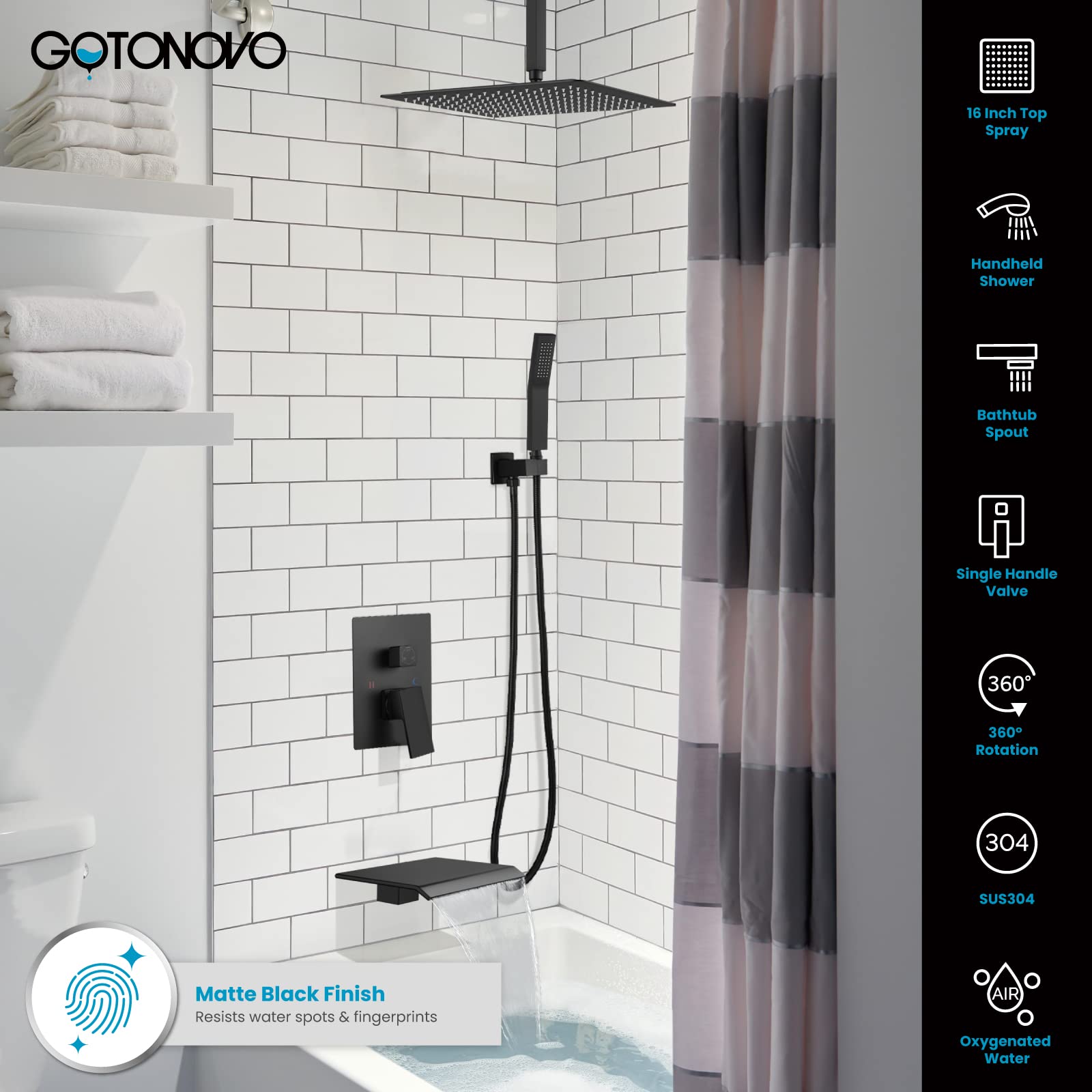 Gotonovo Regenmischer Duscharmatur – Wasserfall-Auslauf, Handbrause, Poliertes Chrom